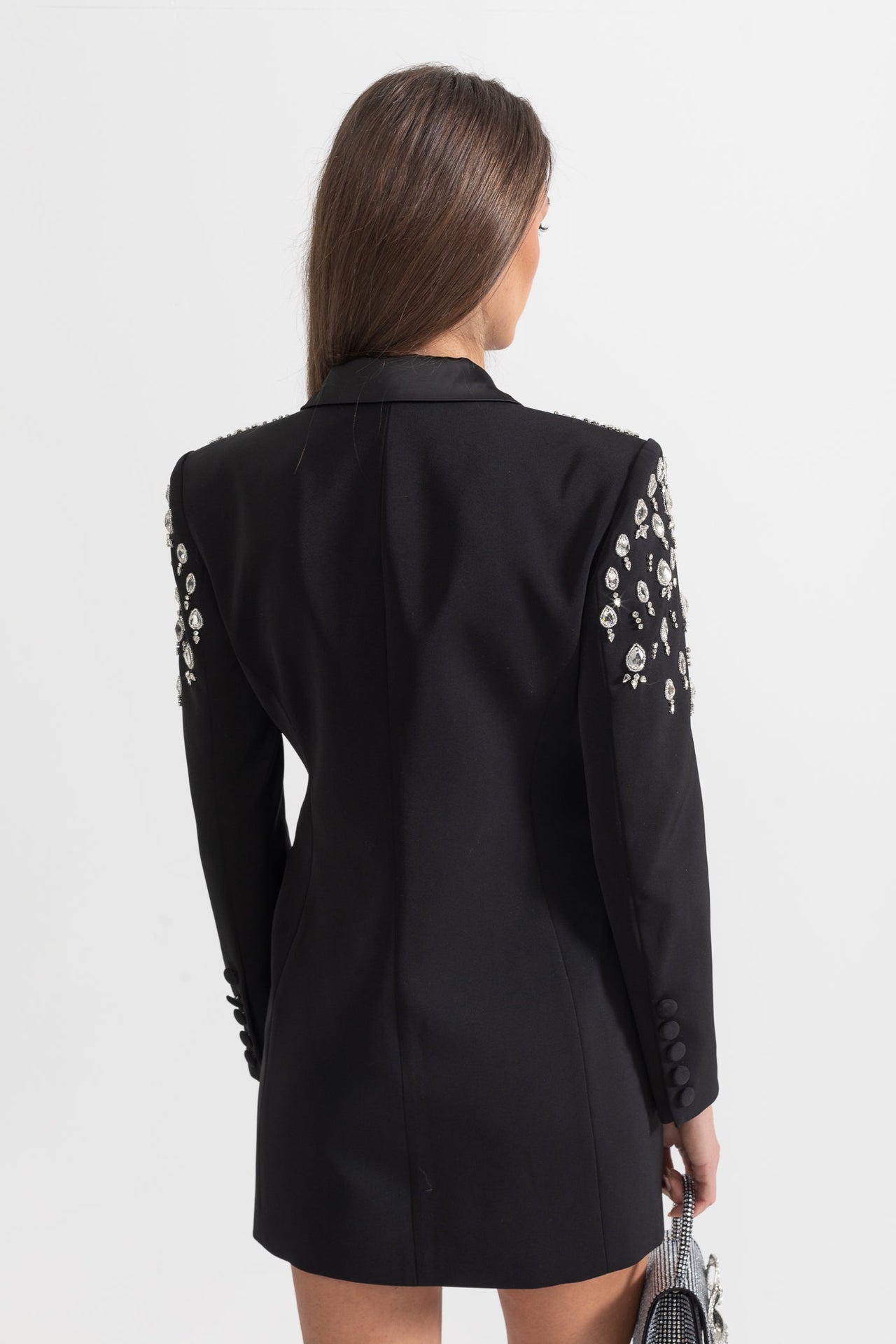 Elegant Blazer With Diamond Embellished Shoulders - Black