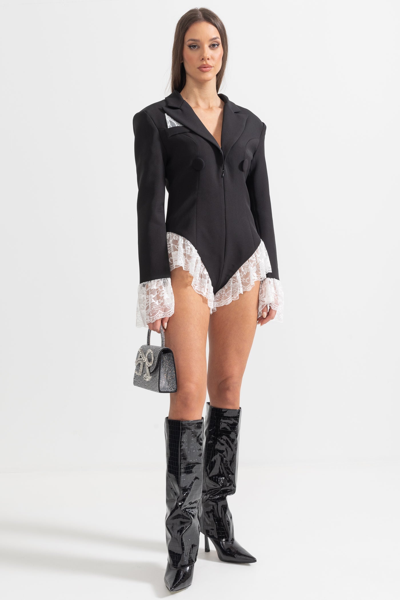 Elegant Blazer Bodysuit With White Lace Trim - Black