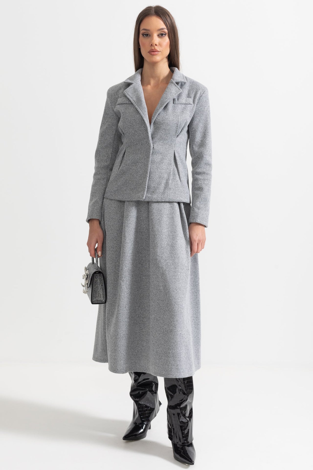 Elegant Two-Piece Tailored Blazer And Pleated Skirt Ensemble - Gray