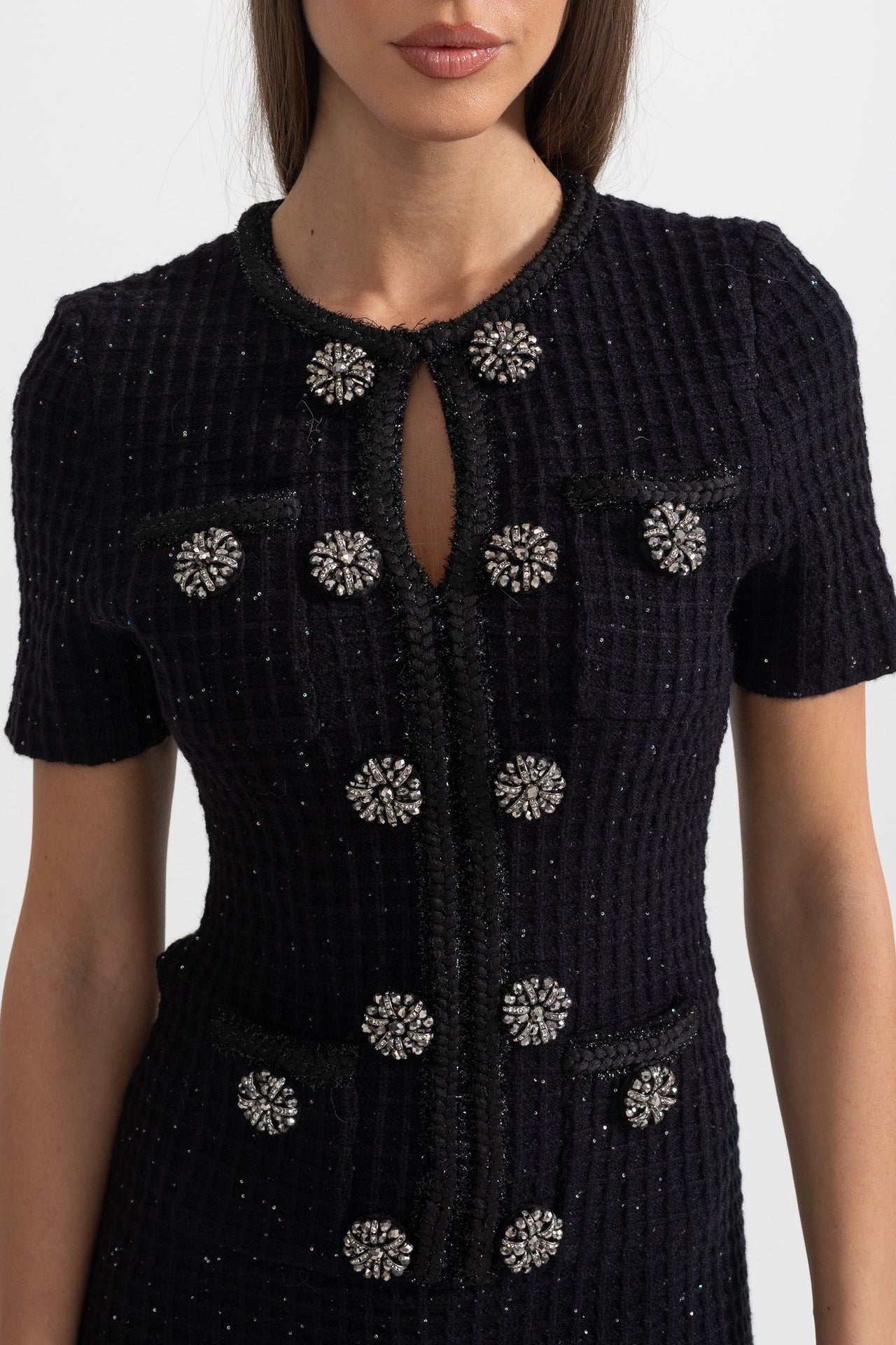 Short Sleeve Knee-Length Knitted Dress - Black