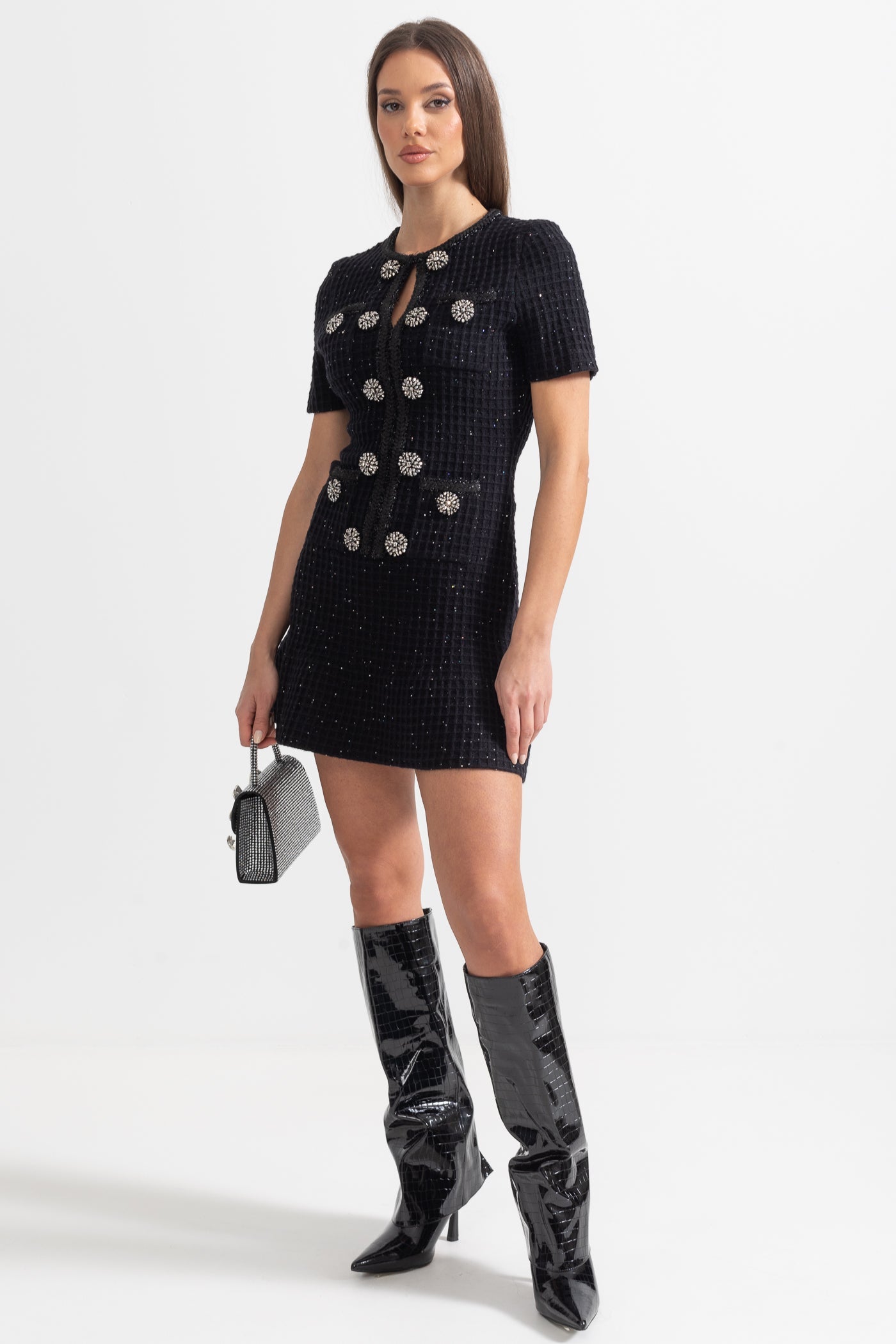 Short Sleeve Knee-Length Knitted Dress - Black