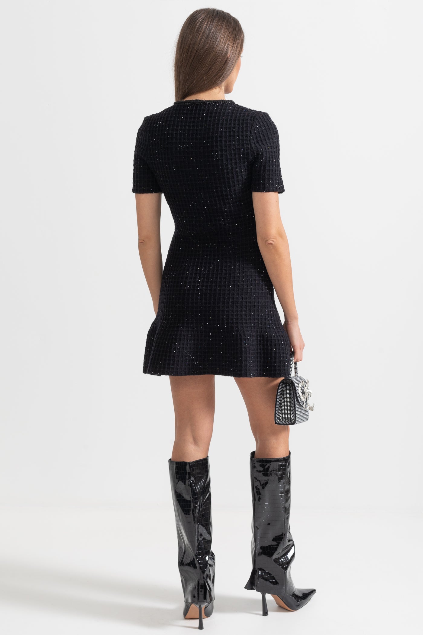 Short Sleeve Knee-Length Knitted Dress - Black