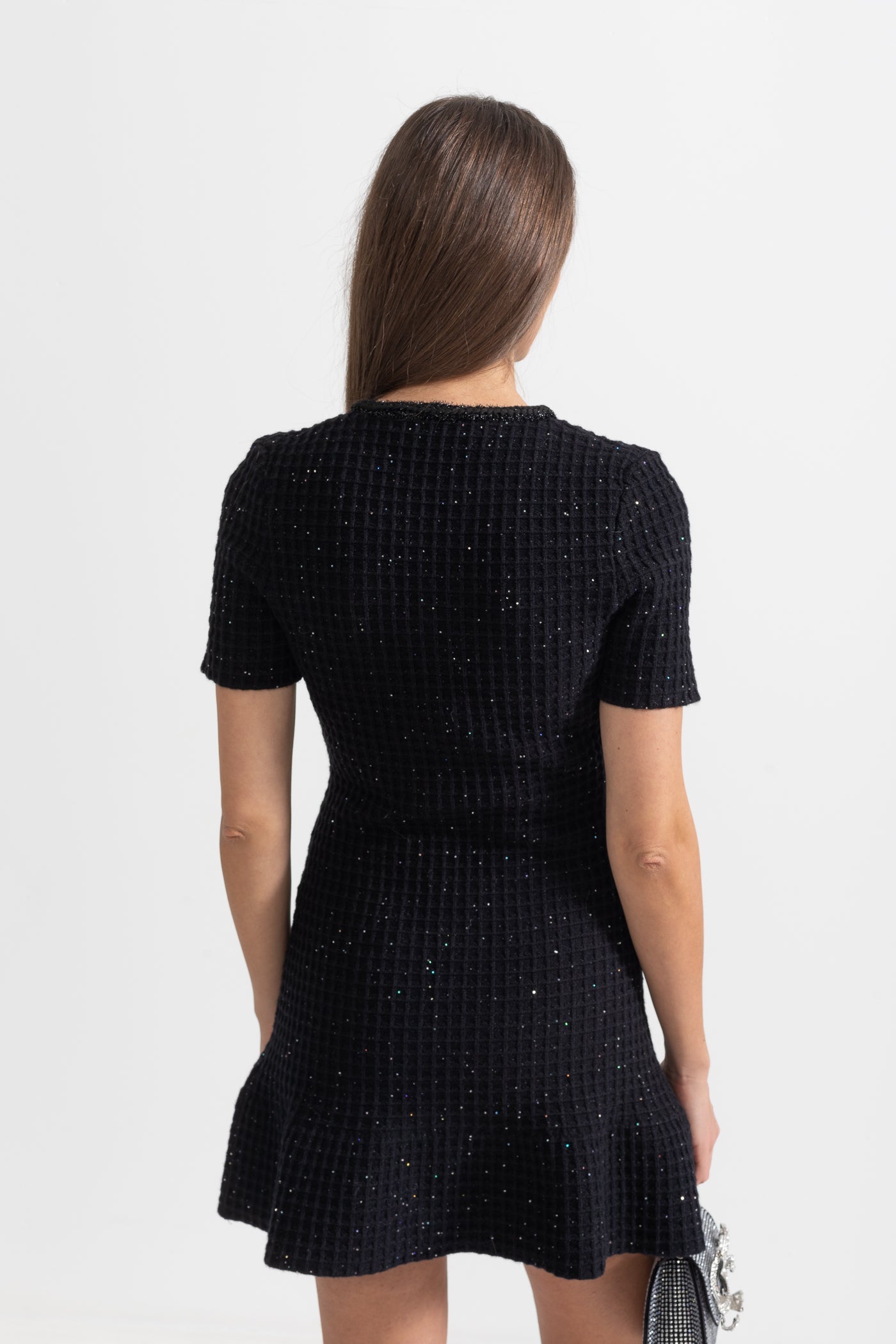 Short Sleeve Knee-Length Knitted Dress - Black