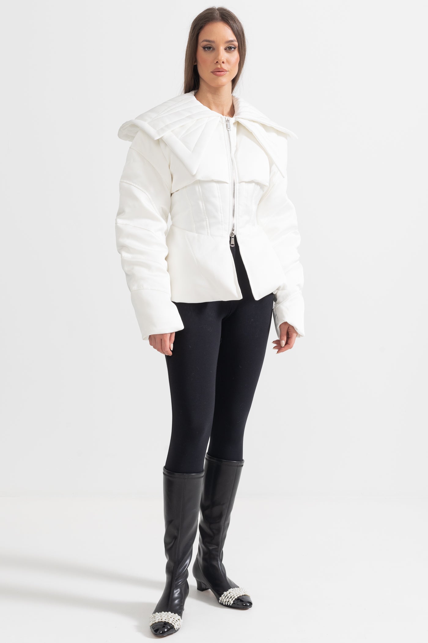 Structured Puffer Jacket With Oversized Lapels - White