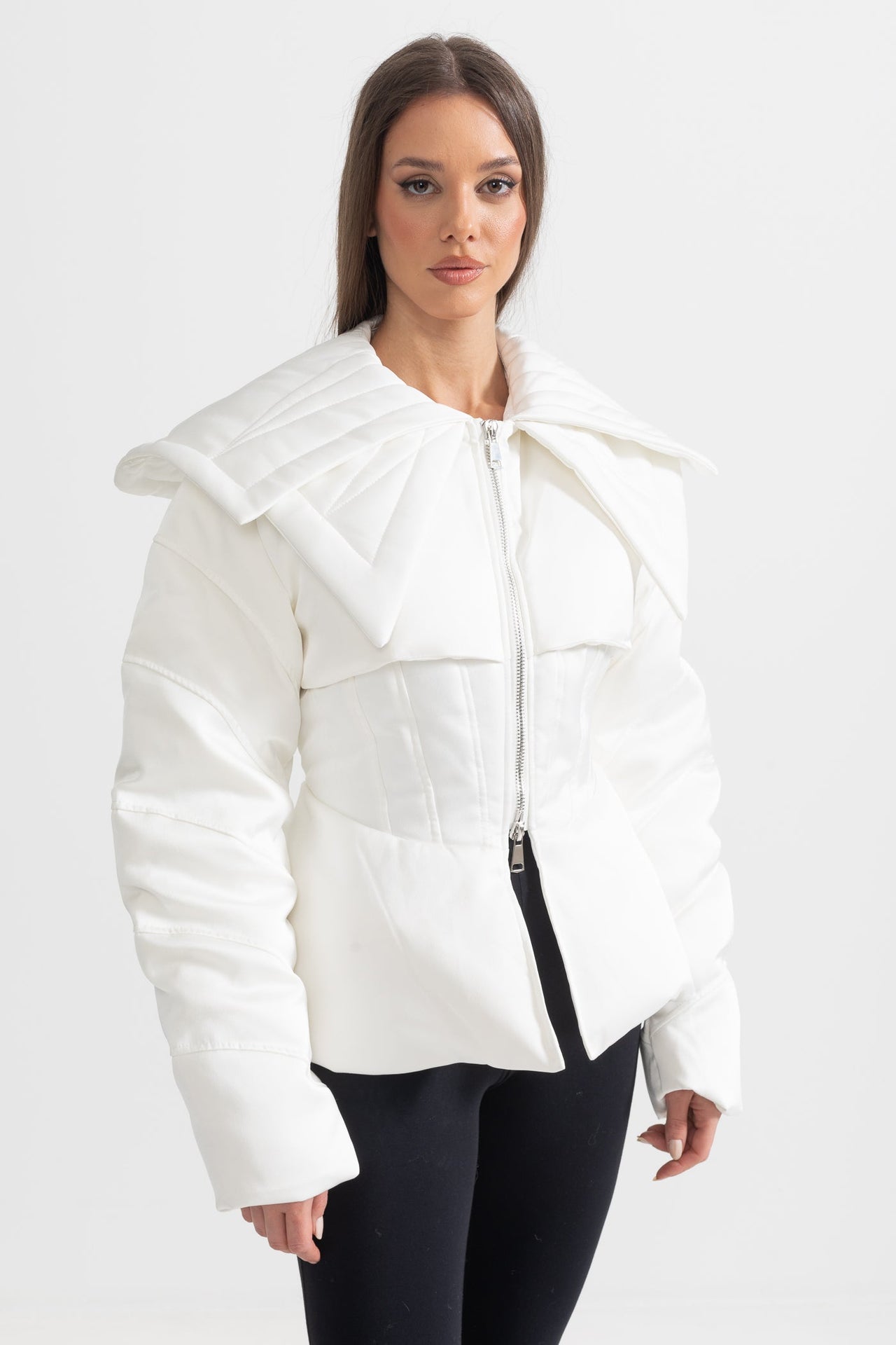 Structured Puffer Jacket With Oversized Lapels - White