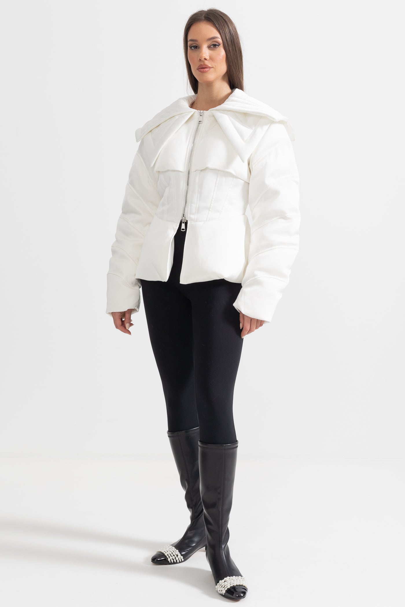 Structured Puffer Jacket With Oversized Lapels - White