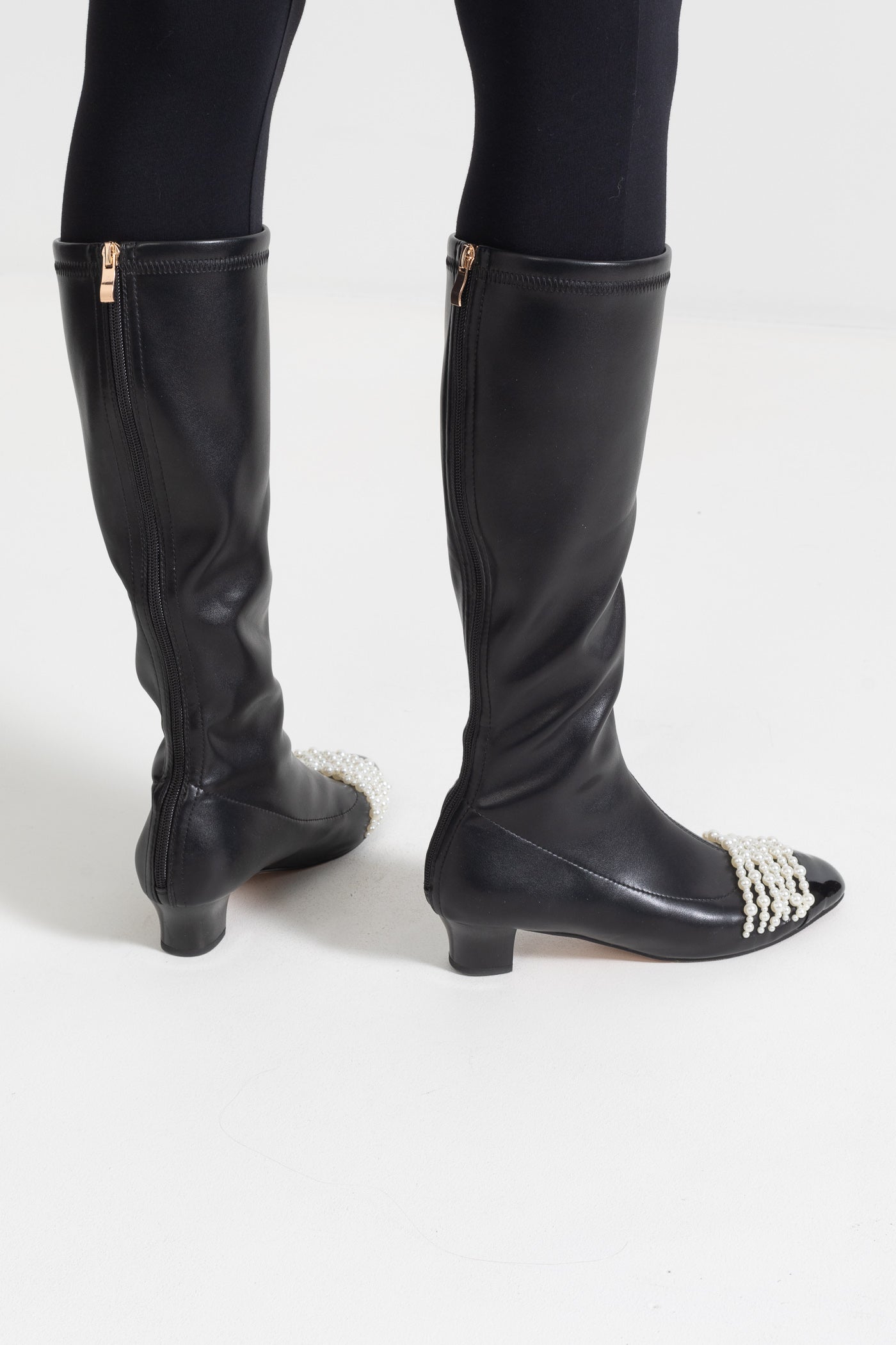 Vegan Leather Boots With White Pearl Embellishments - Black