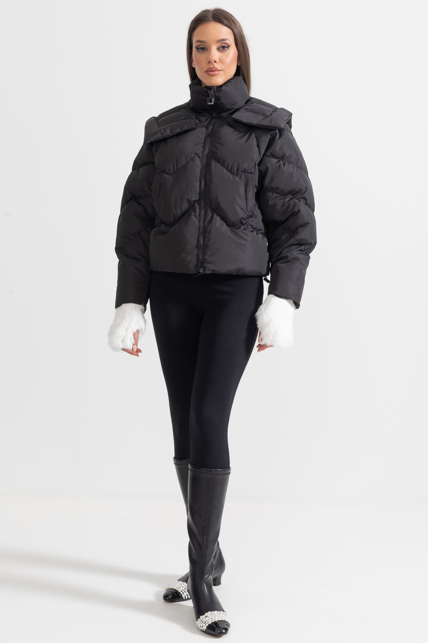 Contemporary Puffer Jacket With Oversized Shoulder Pads - Black