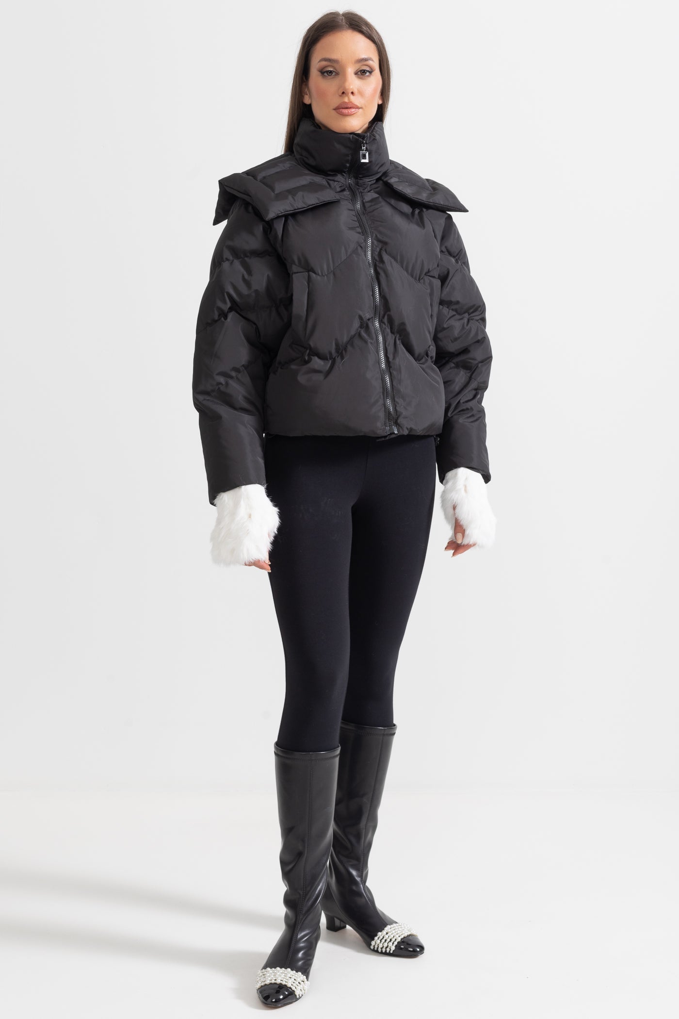 Contemporary Puffer Jacket With Oversized Shoulder Pads - Black