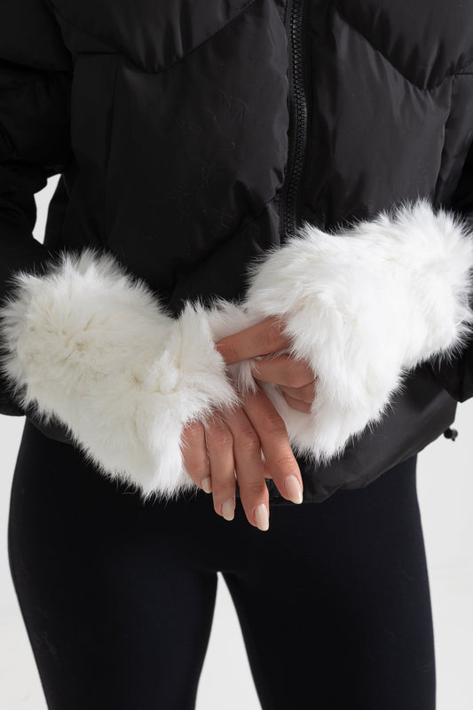 Rabbit Fur Fingerless Gloves - White