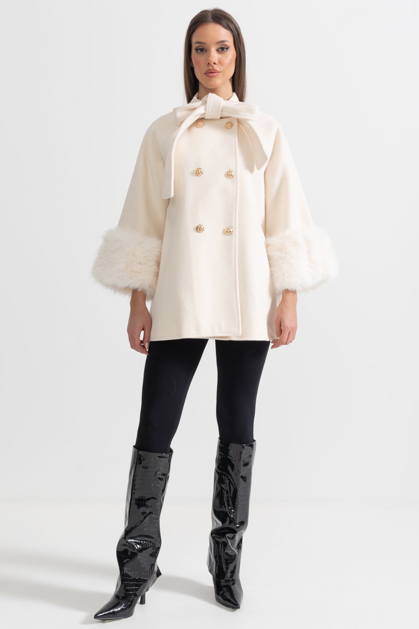 Double Breasted Overcoat With Fur Cuff Accents And Neckline Ribbon - Ivoire