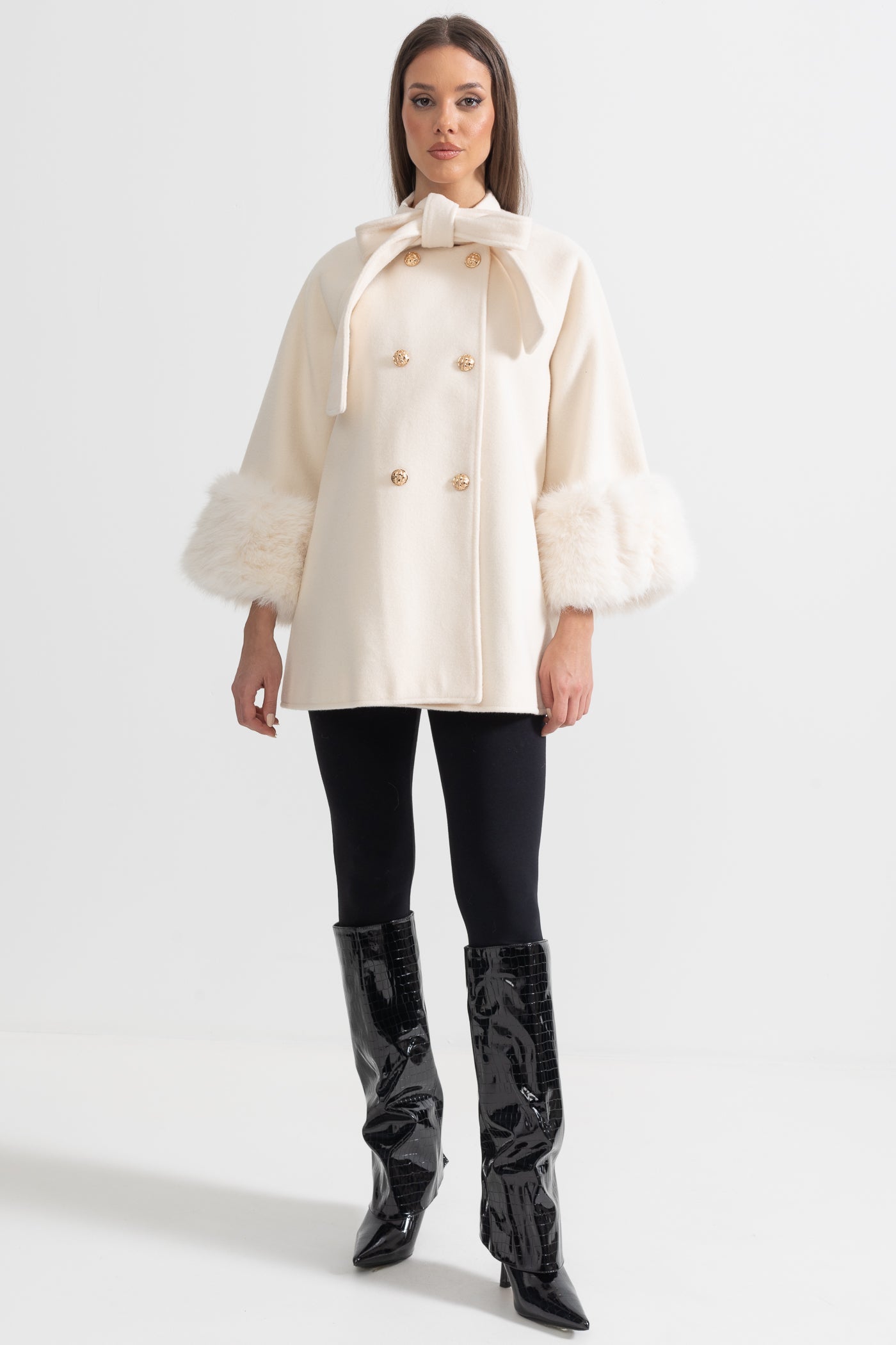 Double Breasted Overcoat With Fur Cuff Accents And Neckline Ribbon - Ivoire