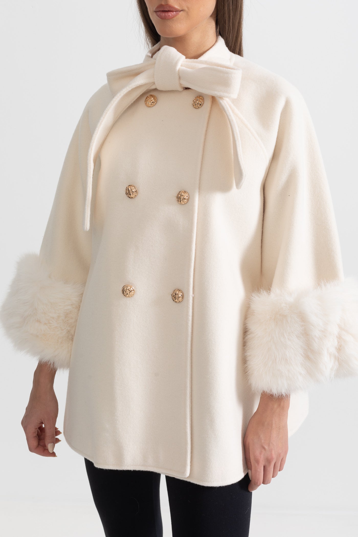 Double Breasted Overcoat With Fur Cuff Accents And Neckline Ribbon - Ivoire