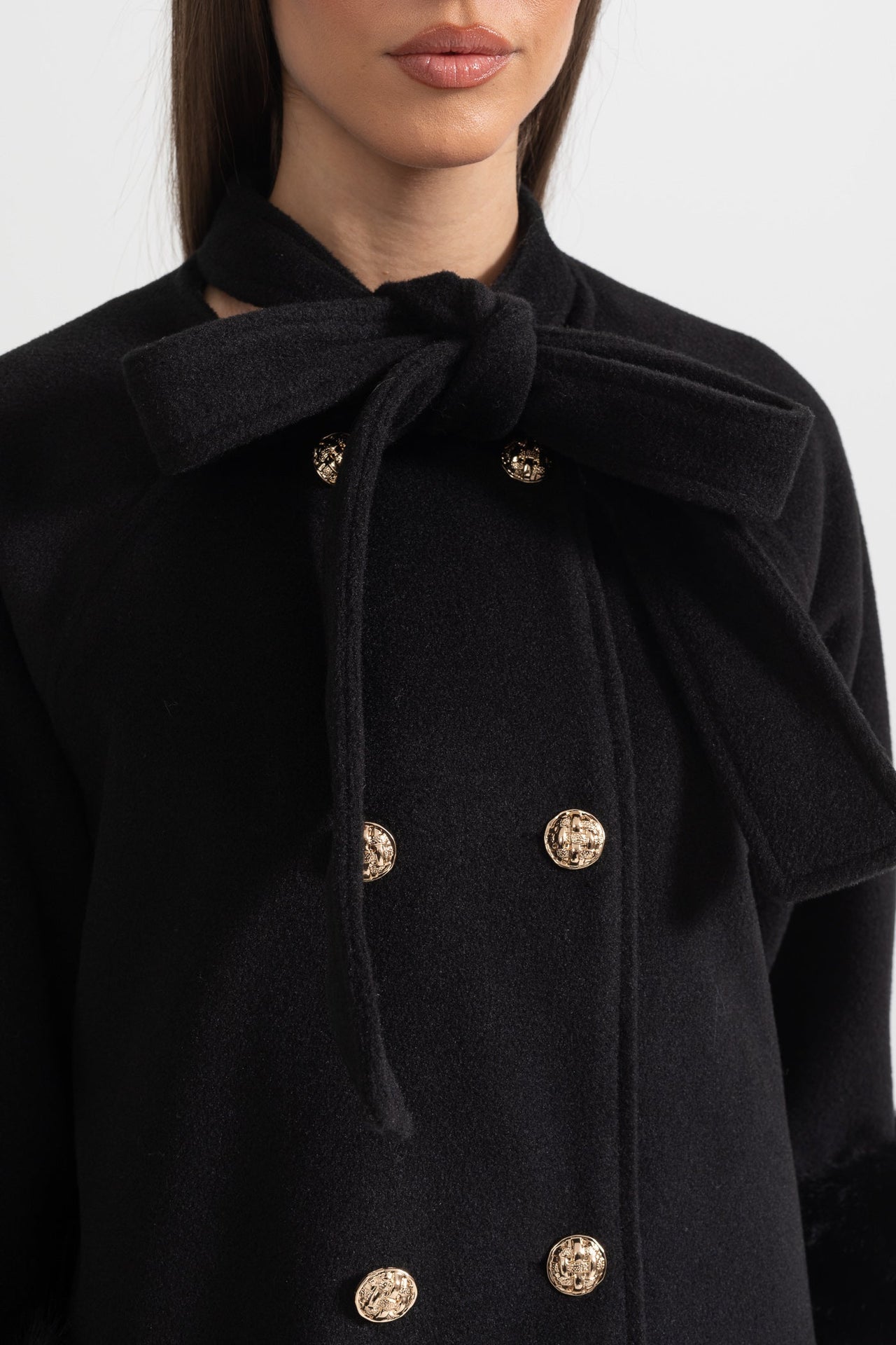 Double Breasted Overcoat With Fur Cuff Accents And Neckline Ribbon - Black