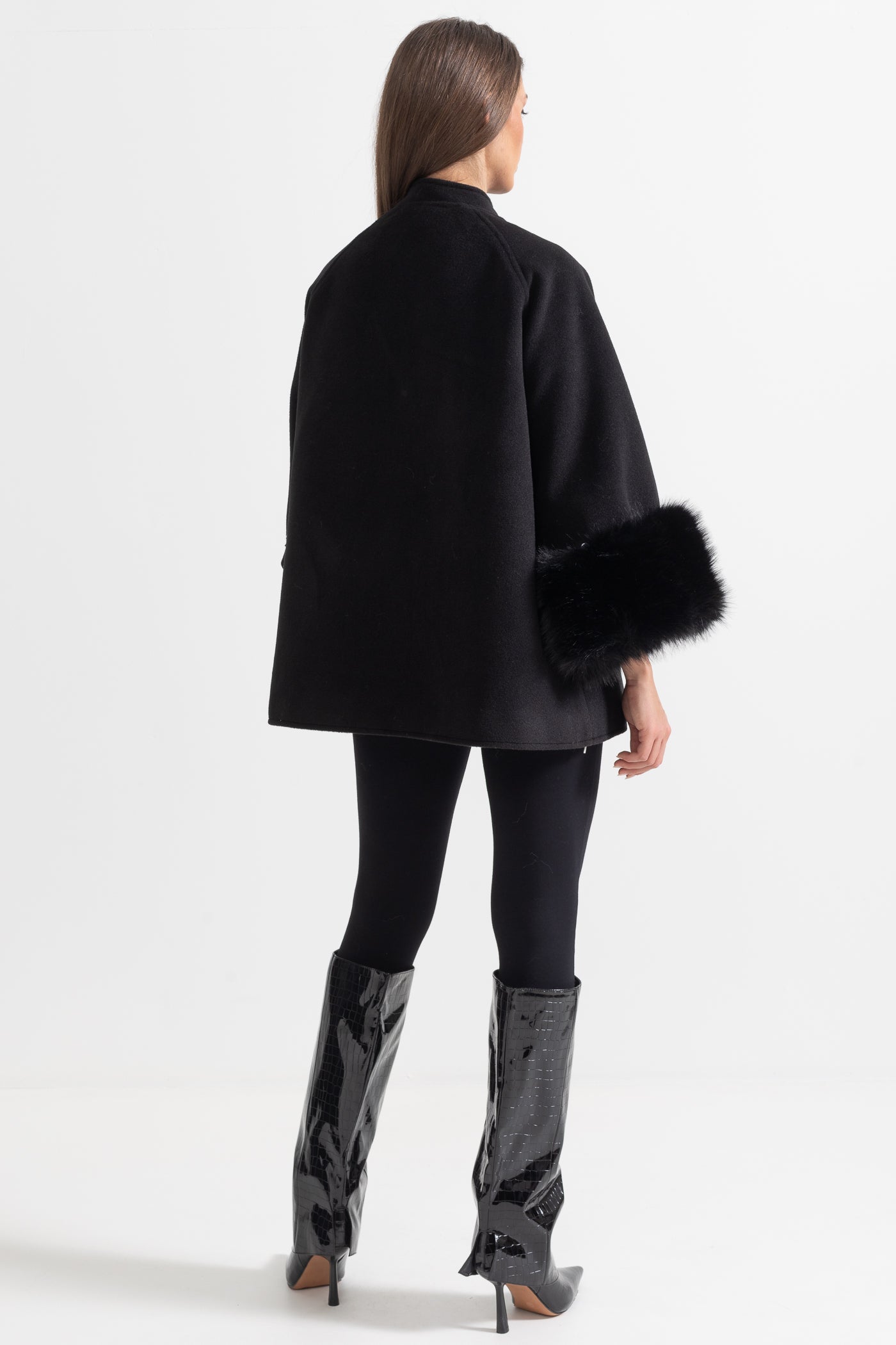 Double Breasted Overcoat With Fur Cuff Accents And Neckline Ribbon - Black