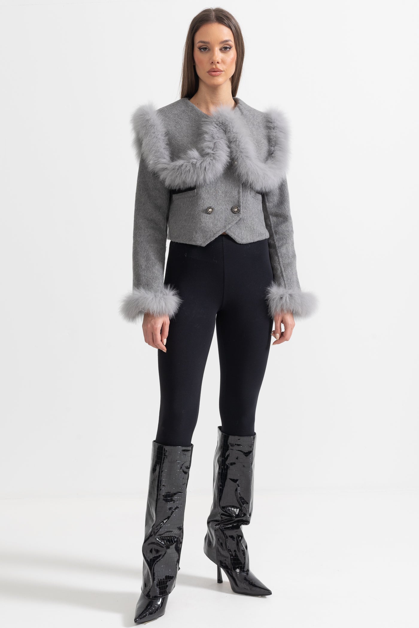 Double Breasted Cropped Jacket With Fur Collar Embellishment - Gray