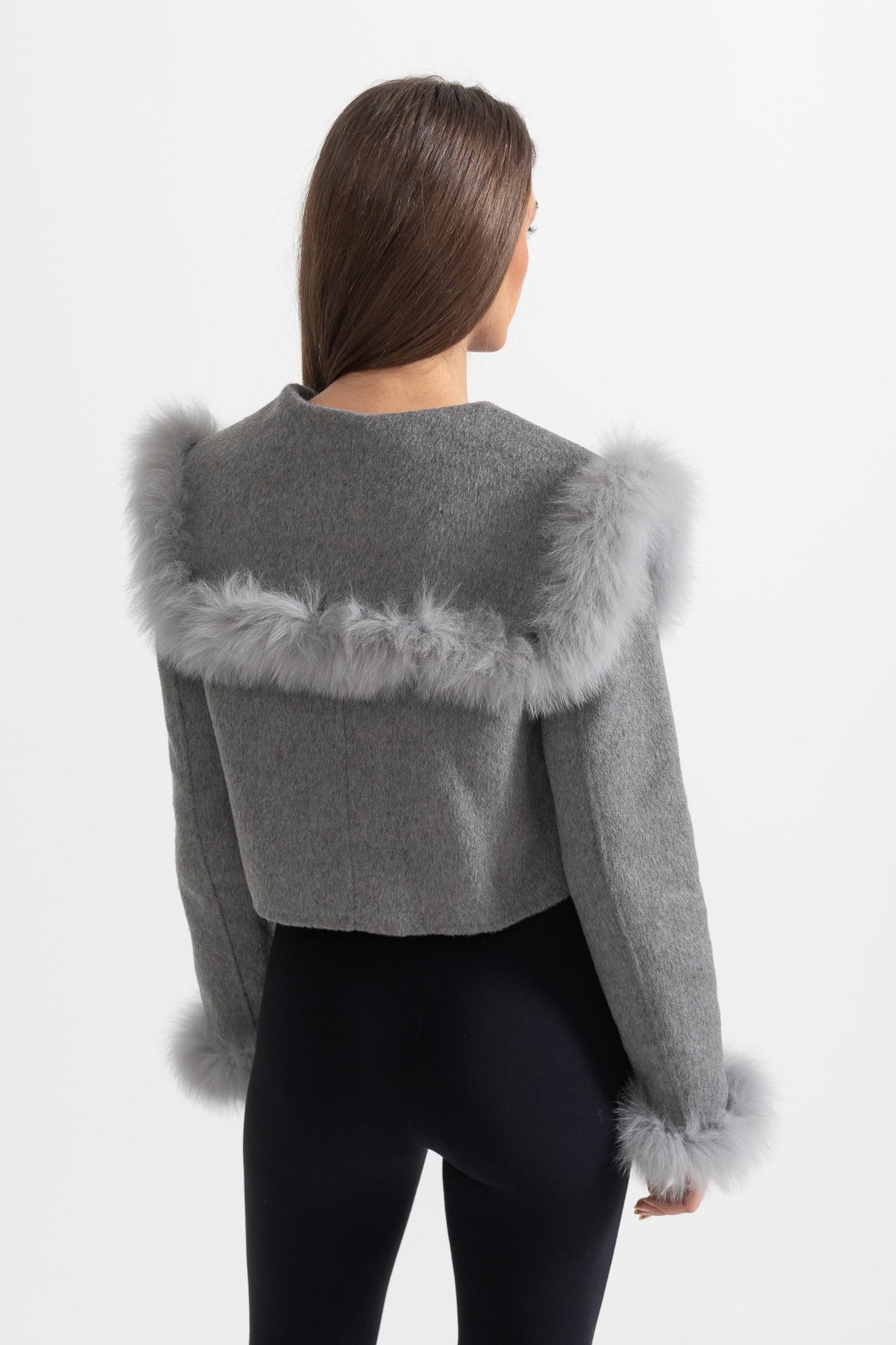 Double Breasted Cropped Jacket With Fur Collar Embellishment - Gray