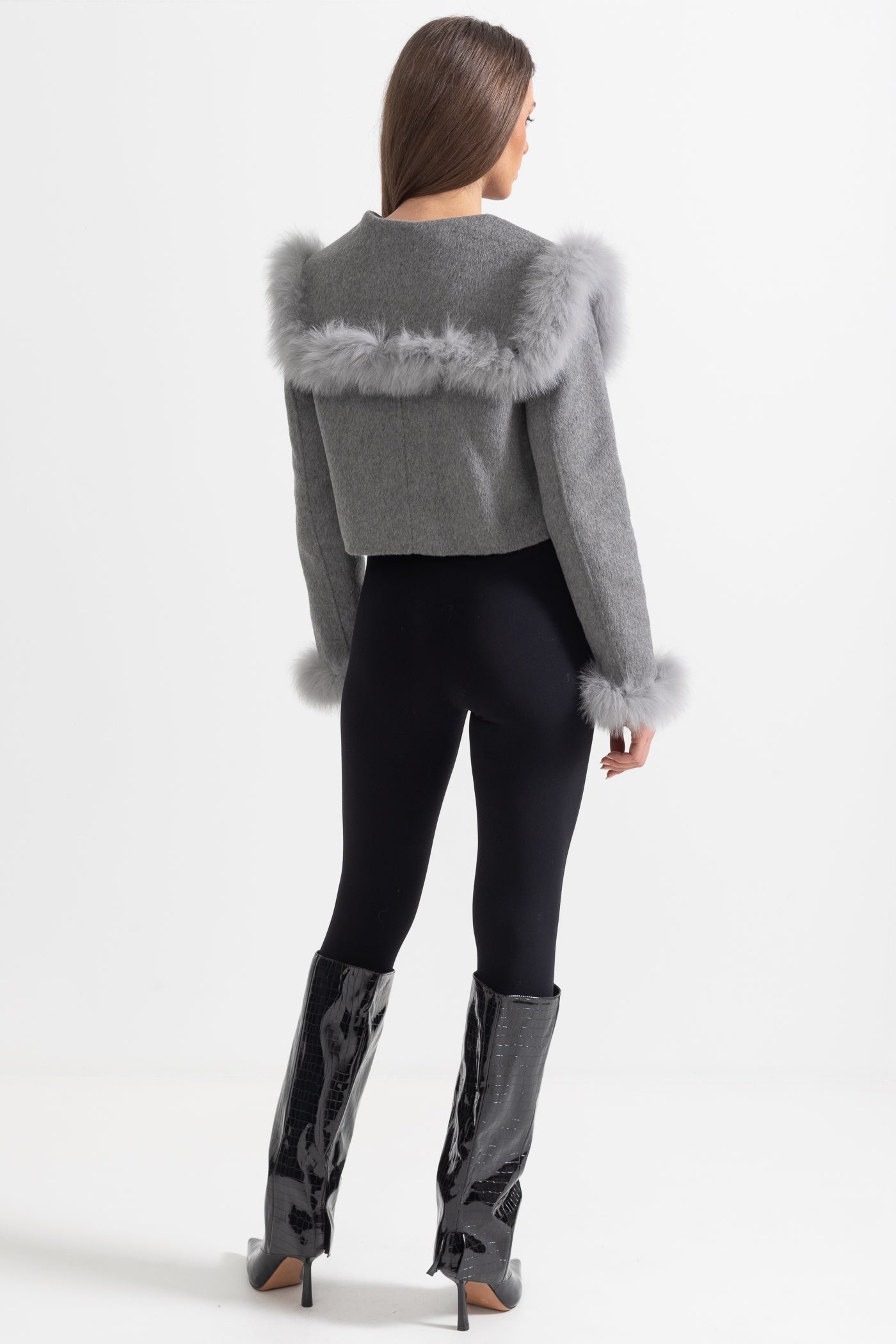 Double Breasted Cropped Jacket With Fur Collar Embellishment - Gray