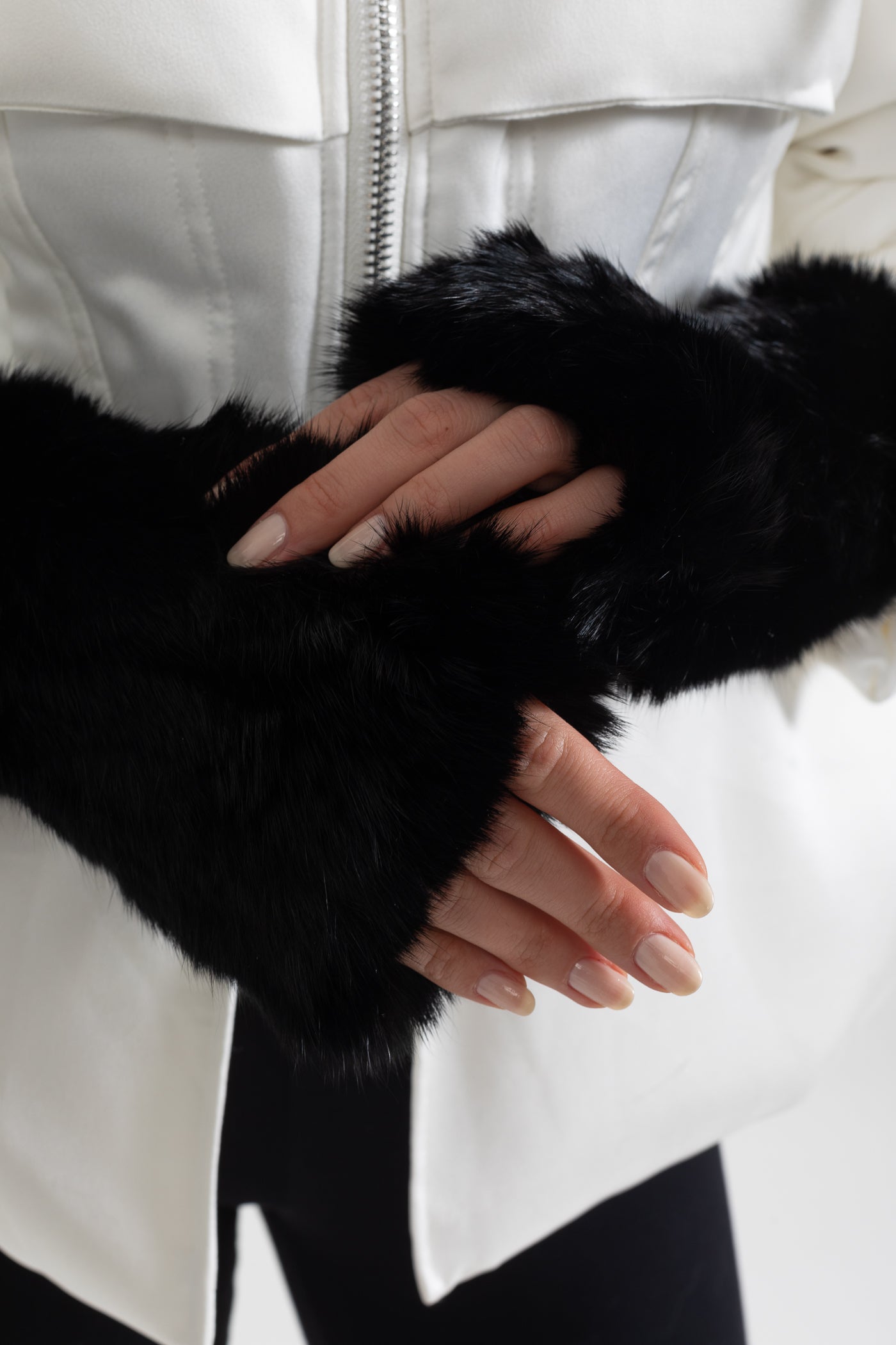 Rabbit Fur Fingerless Gloves - Black