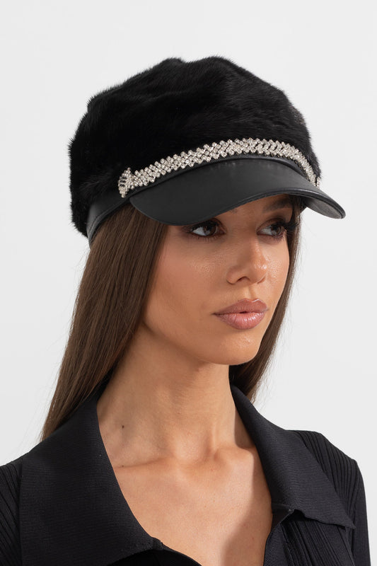 Mink Fur Hat With Leather Visor - Black