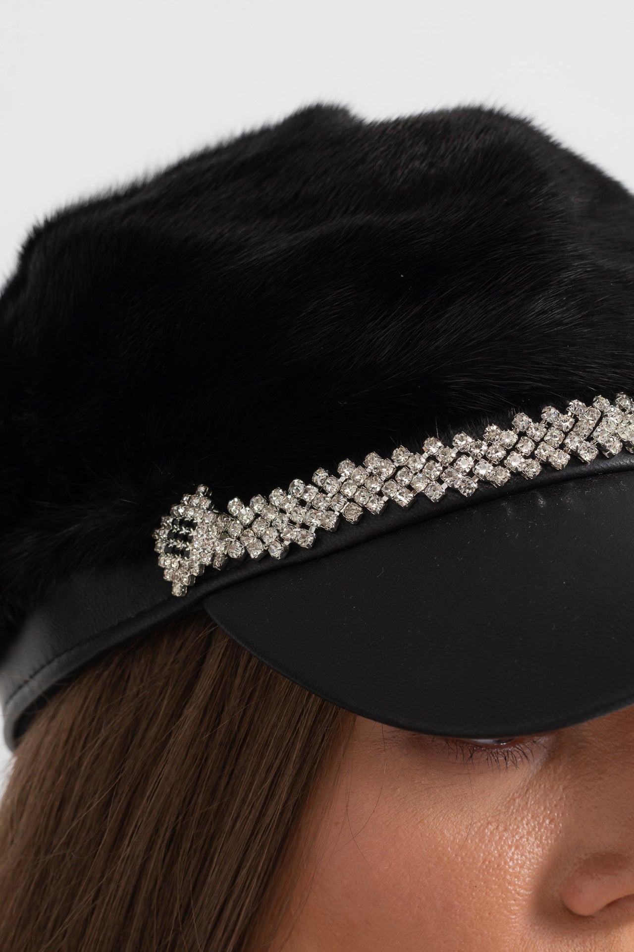 Mink Fur Hat With Leather Visor - Black