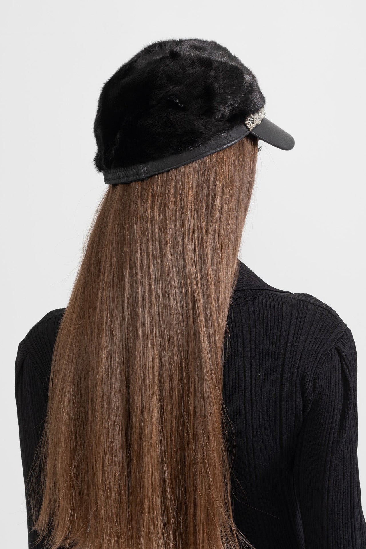 Mink Fur Hat With Leather Visor - Black