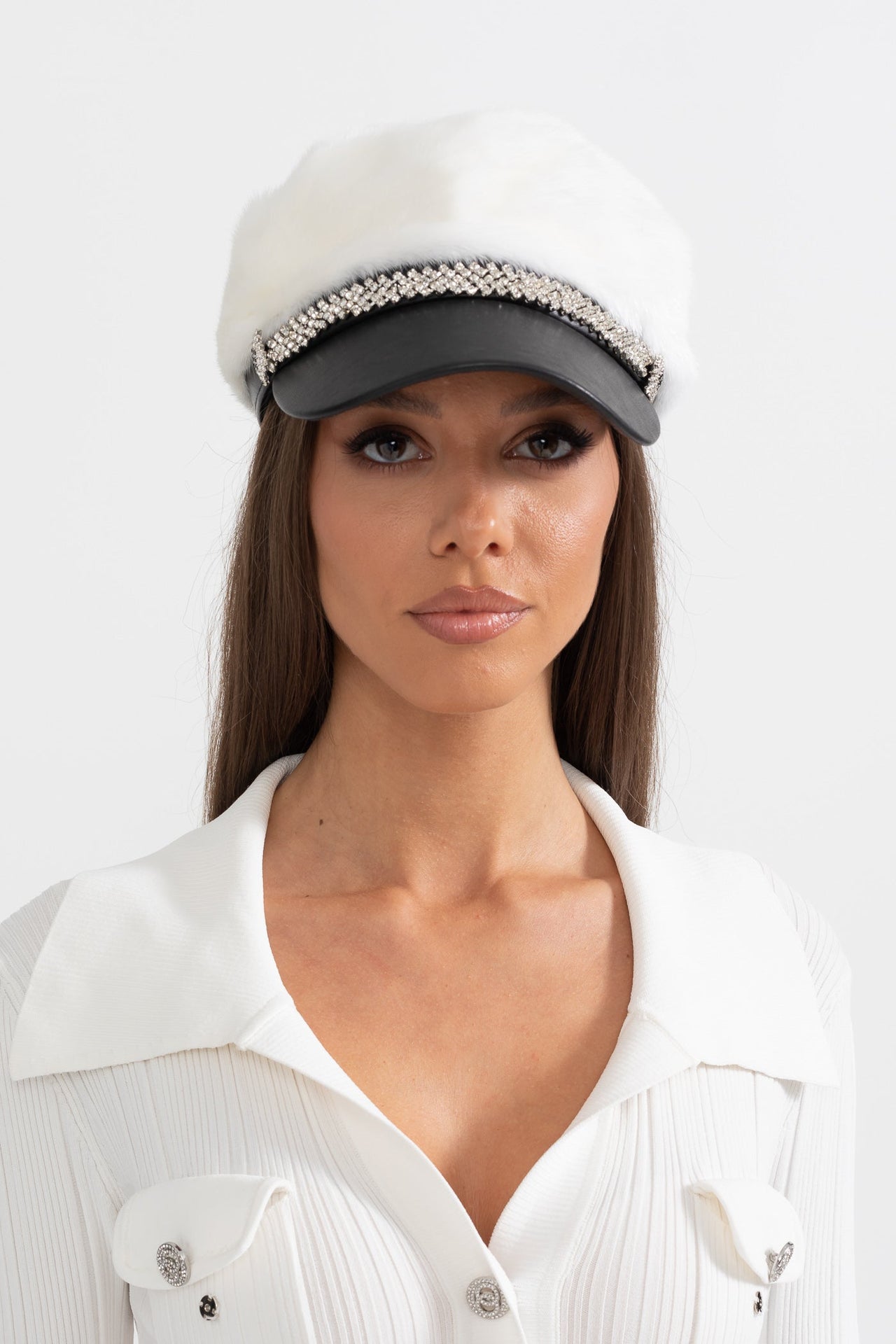 Mink Fur Hat With Leather Visor - White