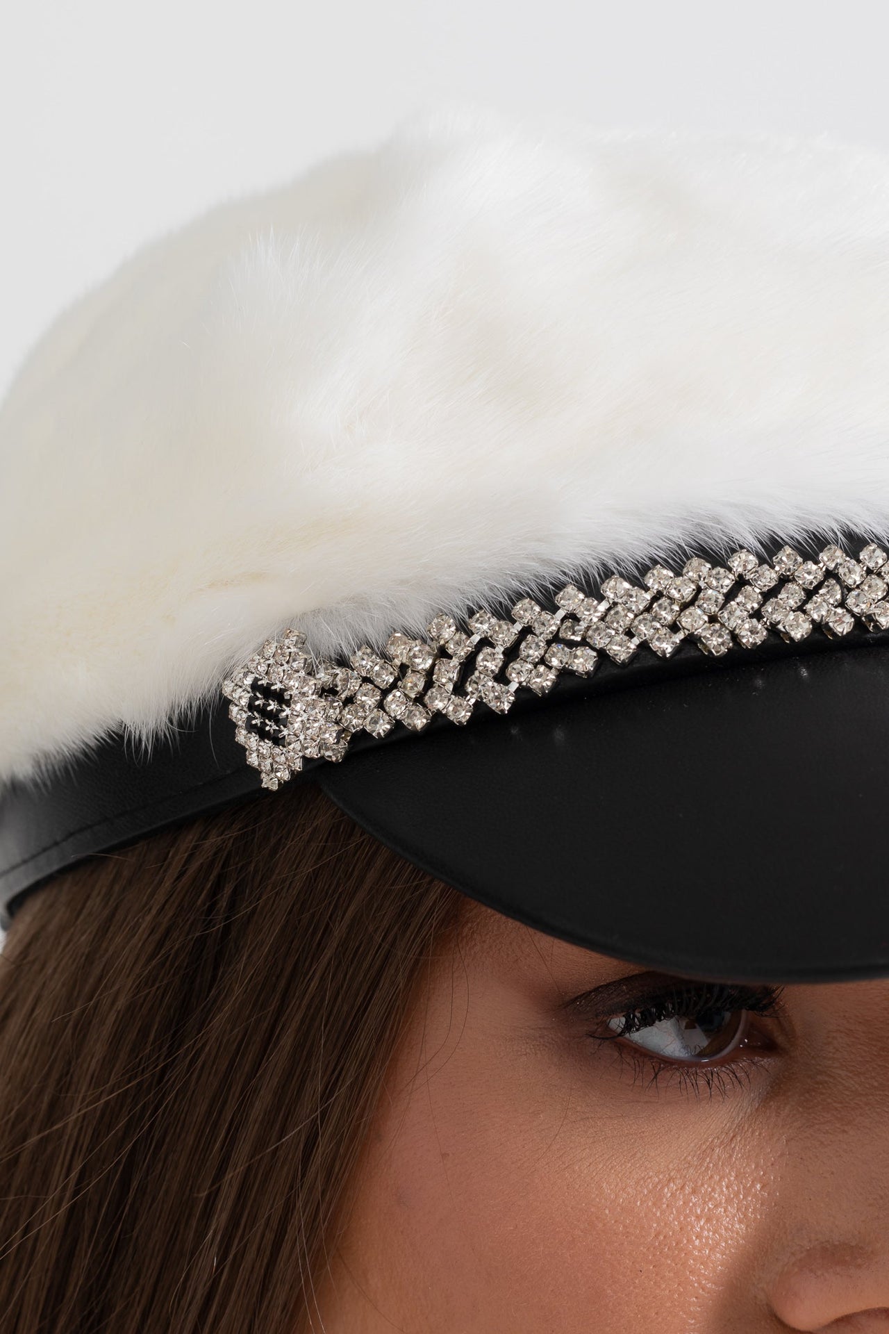 Mink Fur Hat With Leather Visor - White