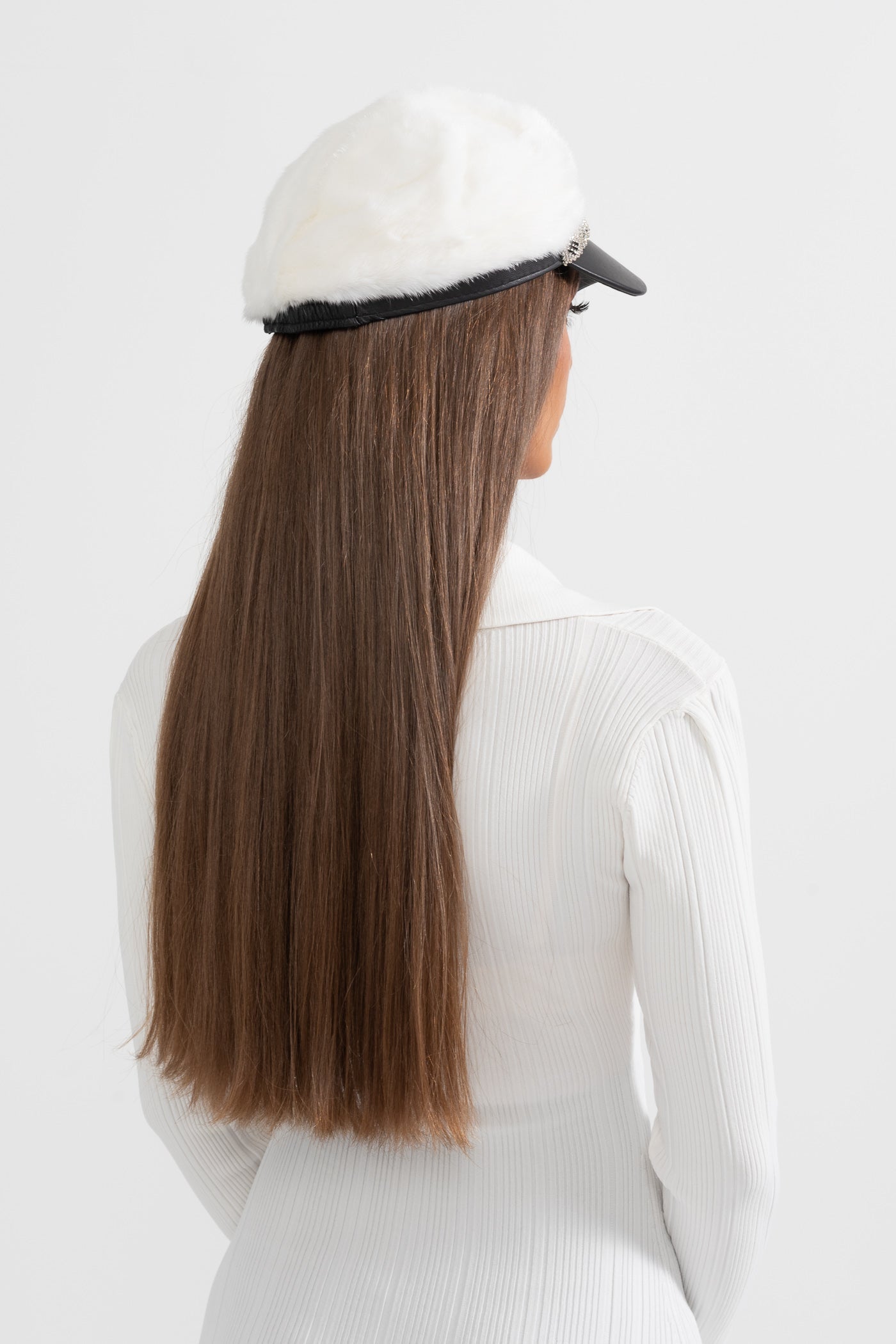 Mink Fur Hat With Leather Visor - White