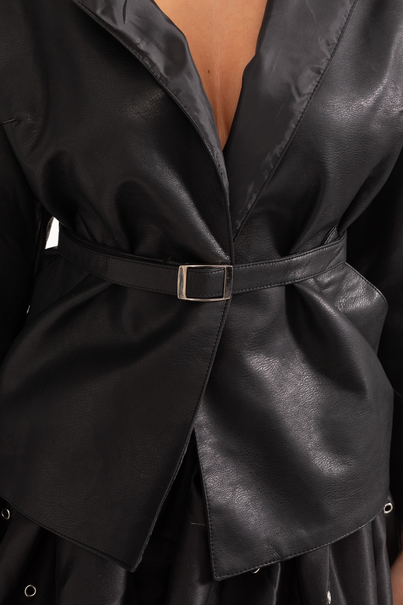 Vegan Leather Jacket with Adjustable Waistbelt - Black