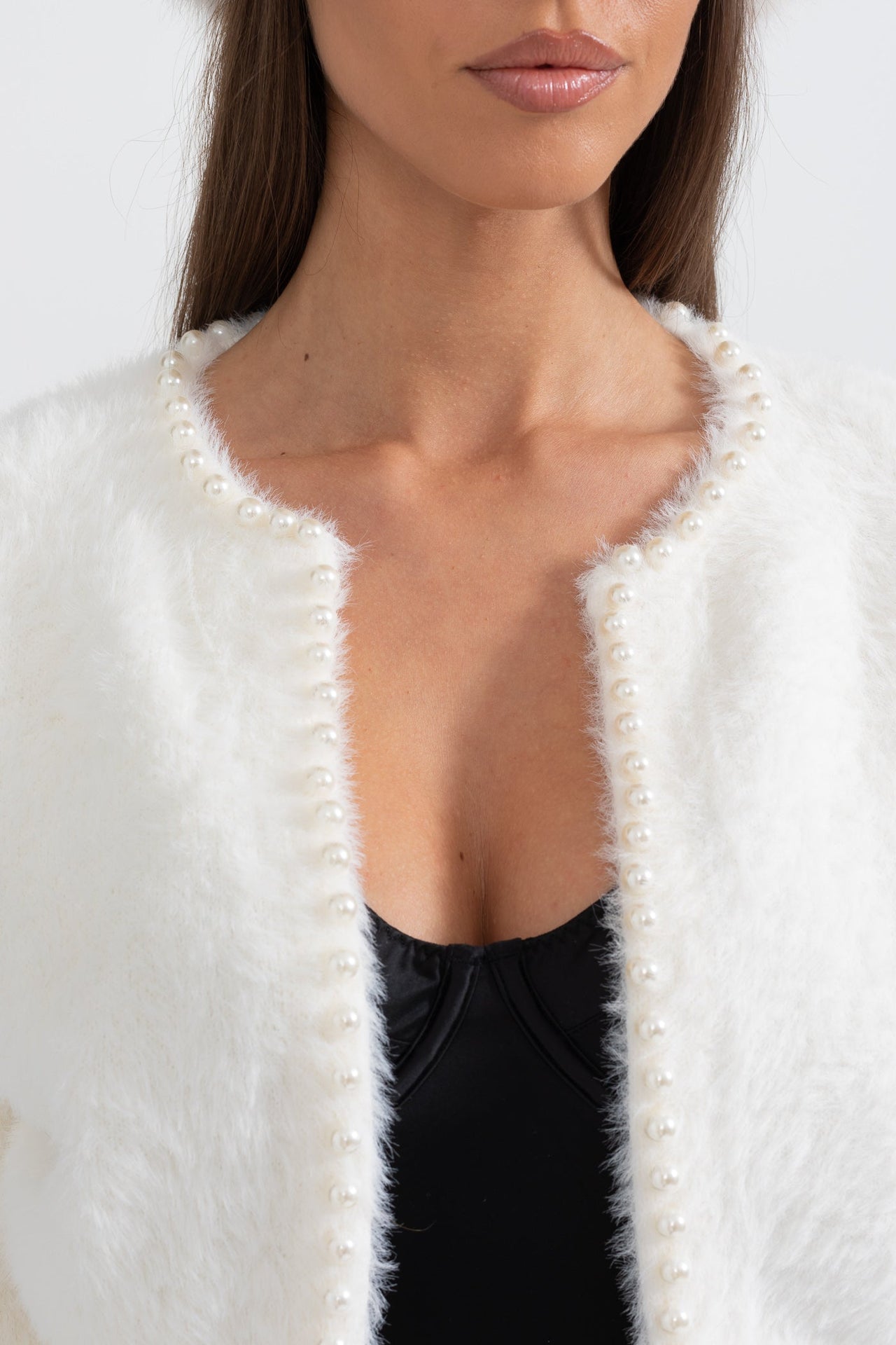 Fluffy Cardigan With Pearl Detailing - White