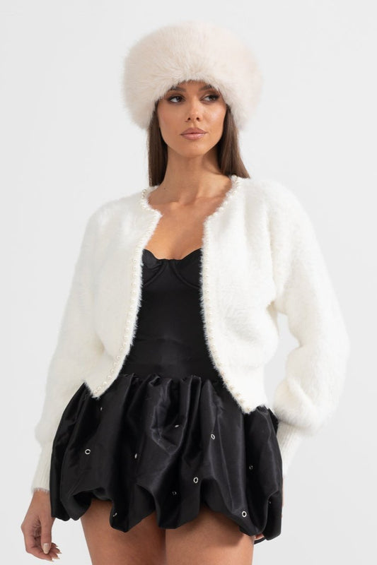 Fluffy Cardigan With Pearl Detailing - White