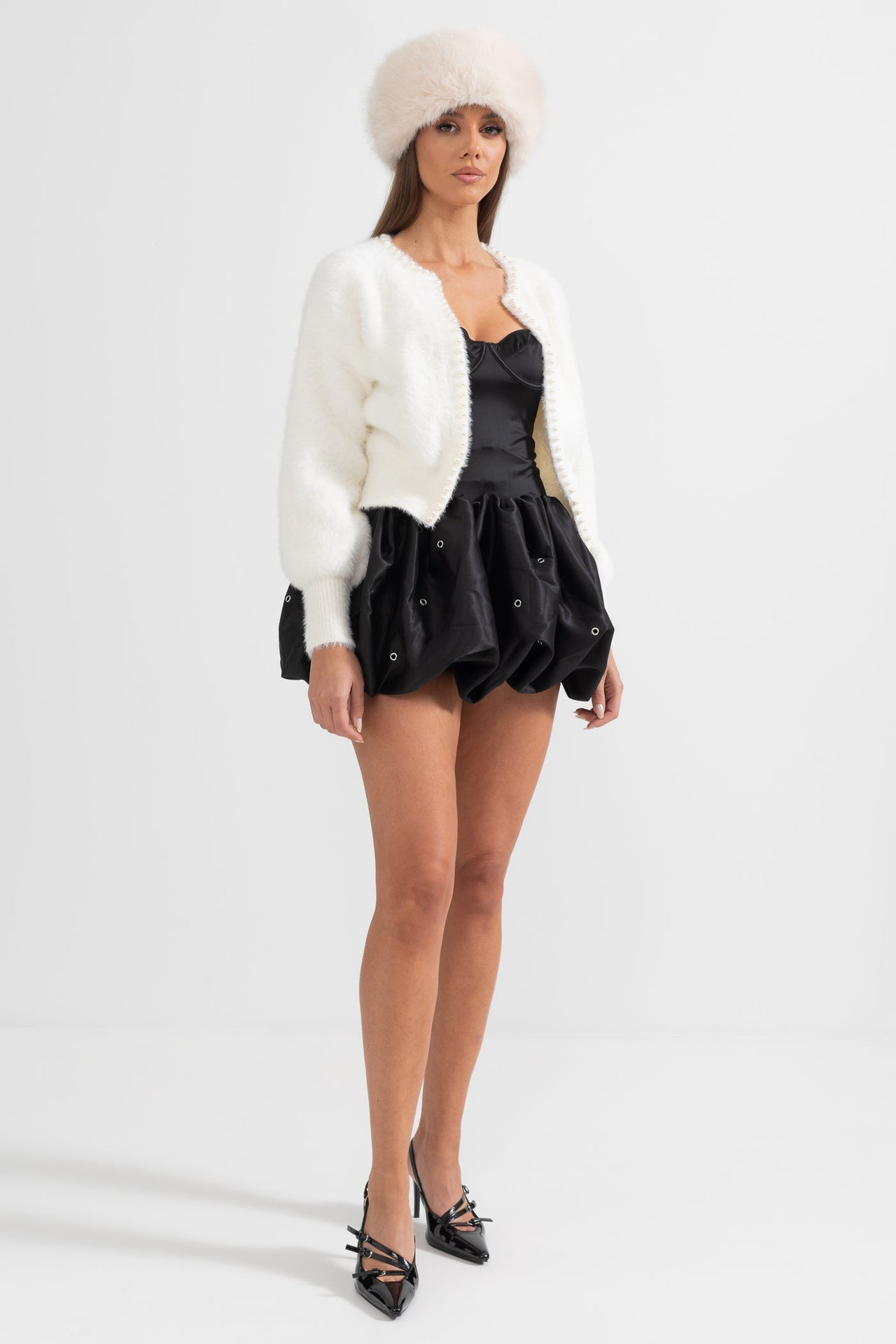 Fluffy Cardigan With Pearl Detailing - White