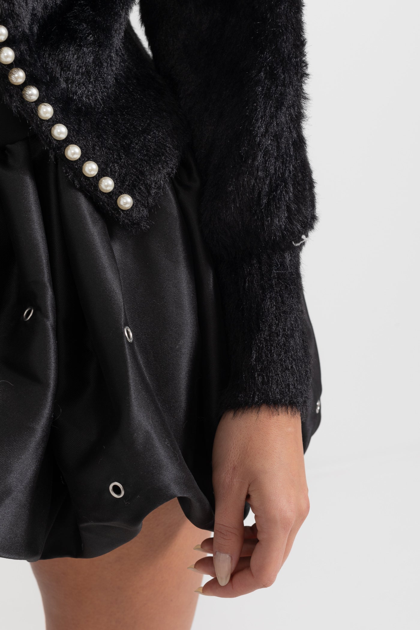 Fluffy Cardigan With Pearl Detailing - Black