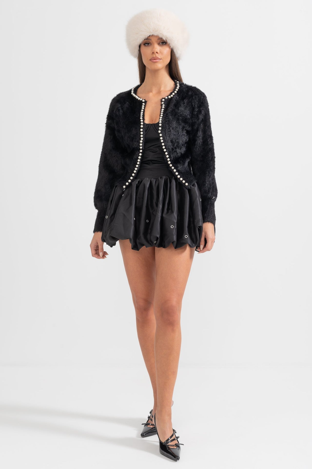 Fluffy Cardigan With Pearl Detailing - Black