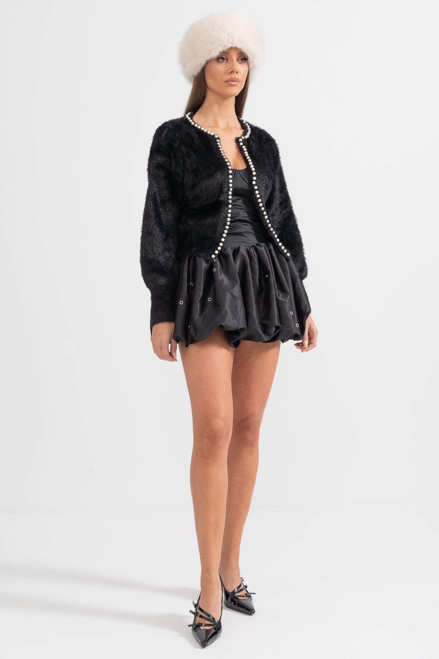 Fluffy Cardigan With Pearl Detailing - Black