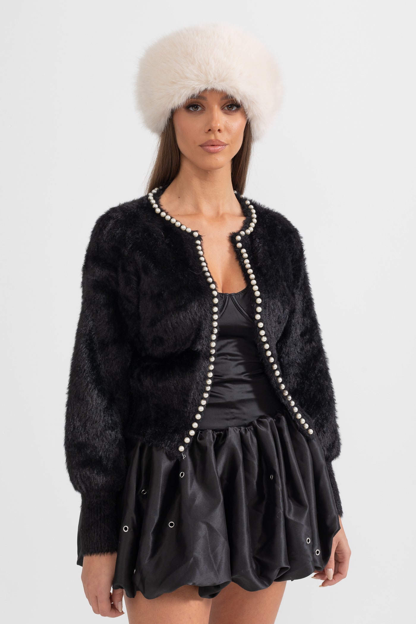 Fluffy Cardigan With Pearl Detailing - Black