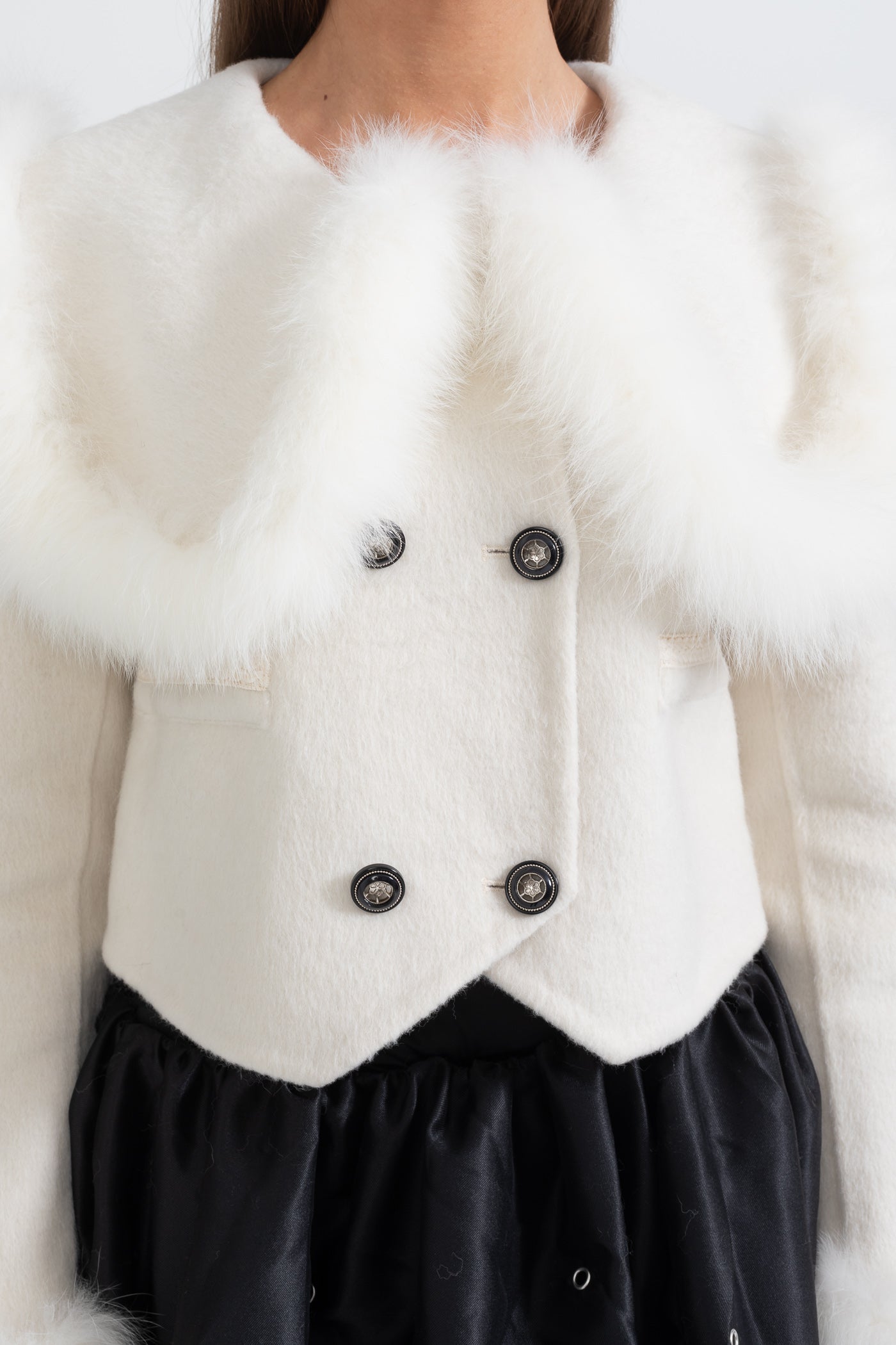 Double Breasted Cropped Jacket With Fur Collar Embellishment - White