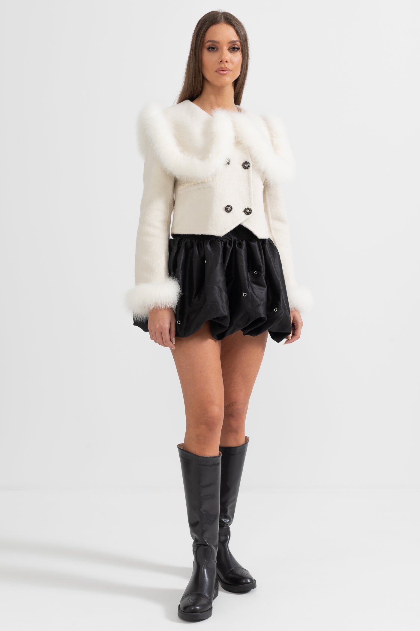 Double Breasted Cropped Jacket With Fur Collar Embellishment - White