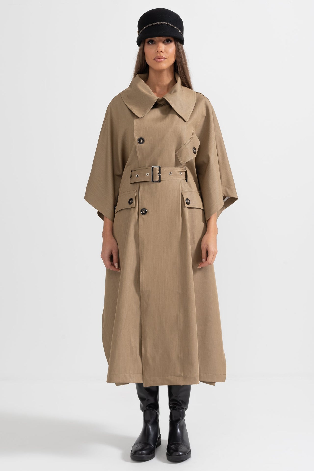 Trench Coat With Cape-Like Sleeve Construction - Khaki