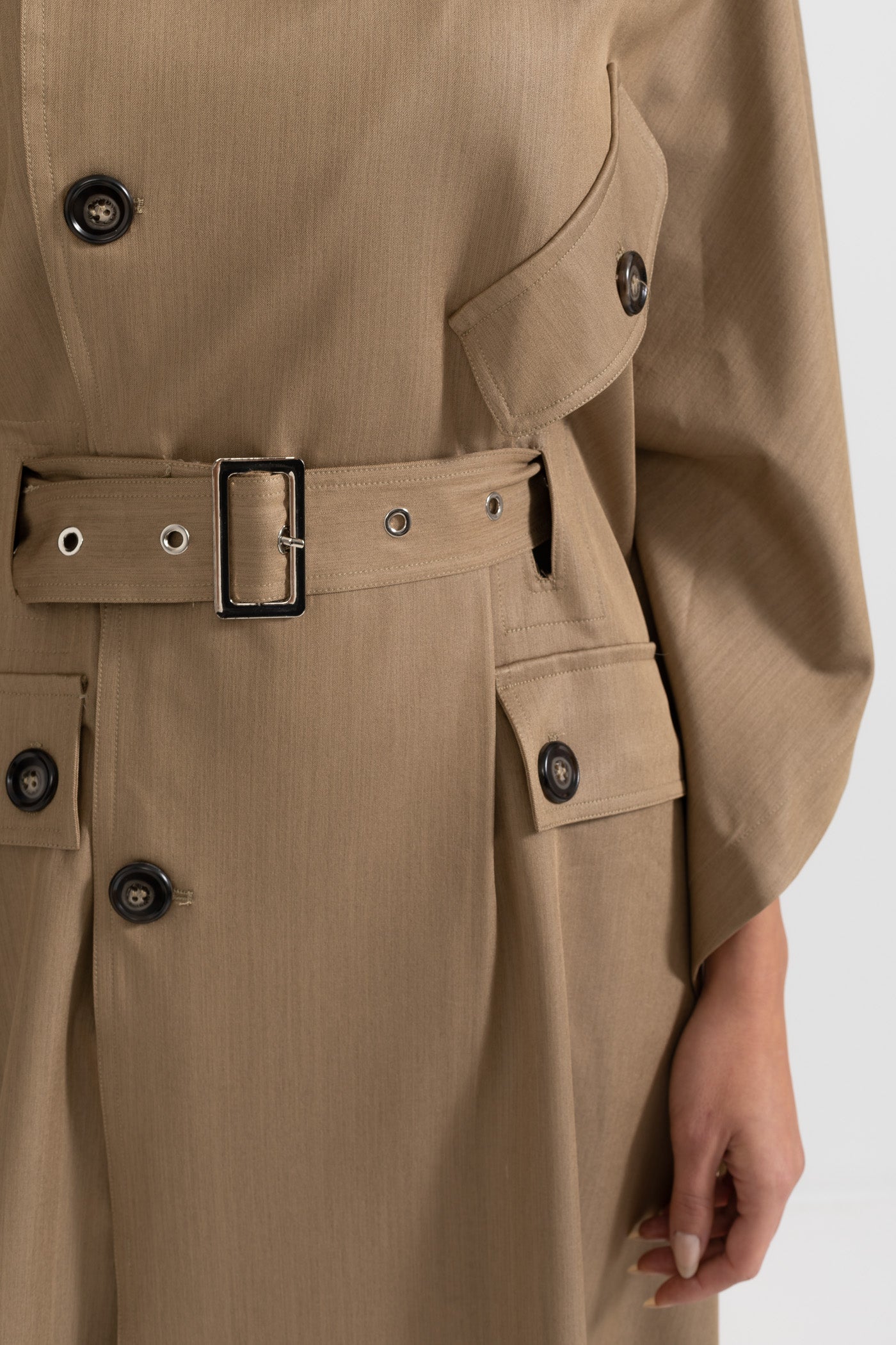 Trench Coat With Cape-Like Sleeve Construction - Khaki