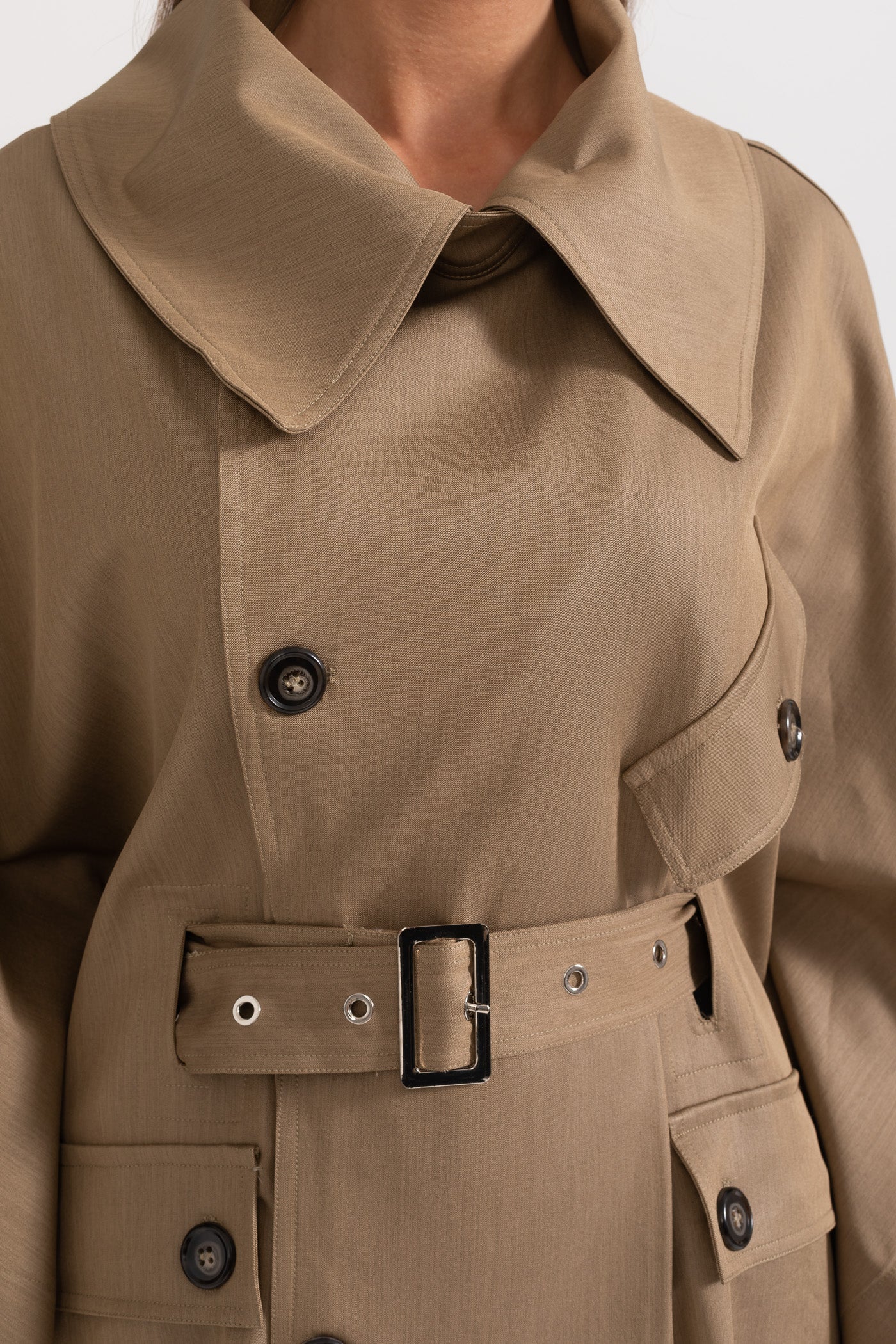 Trench Coat With Cape-Like Sleeve Construction - Khaki