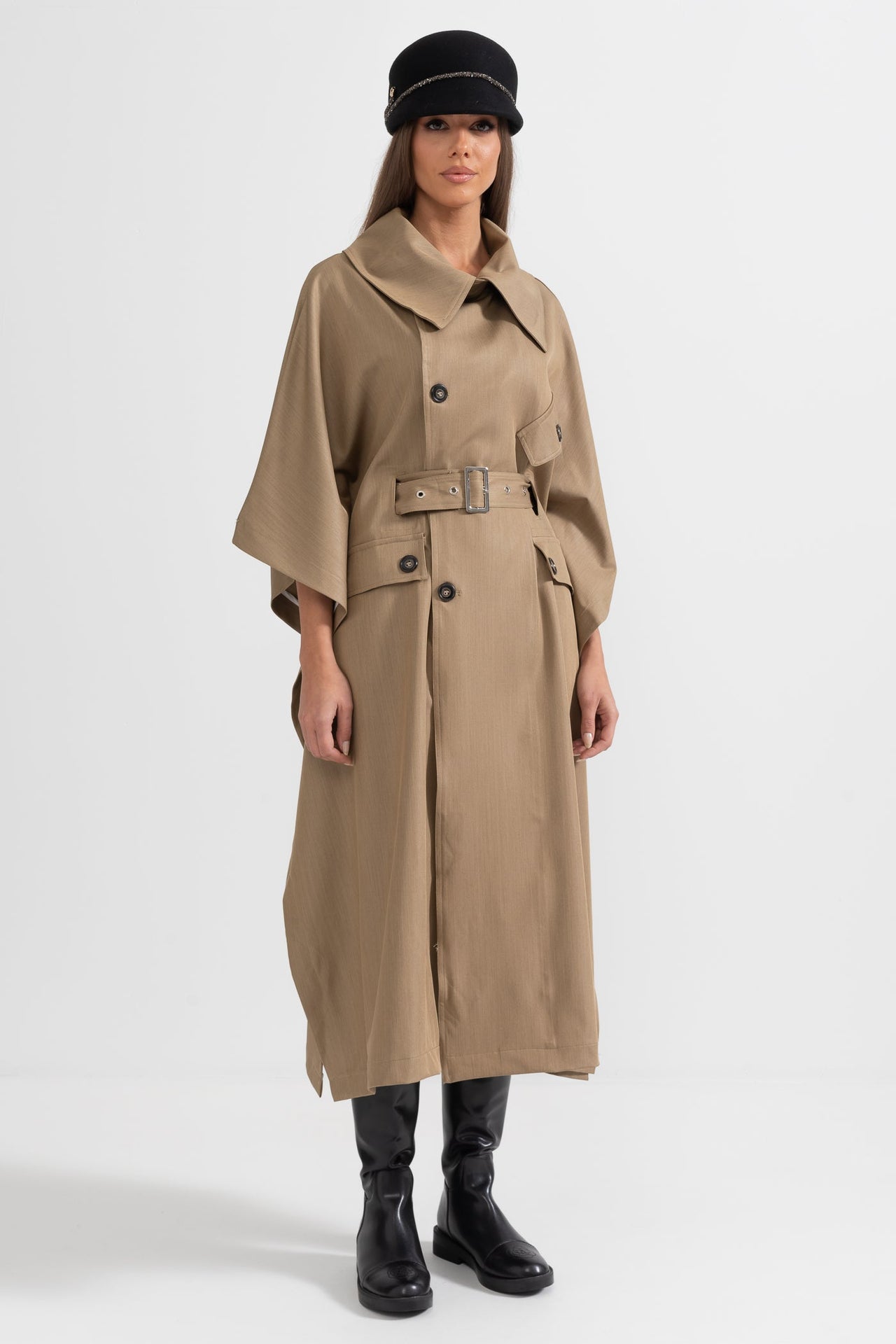 Trench Coat With Cape-Like Sleeve Construction - Khaki