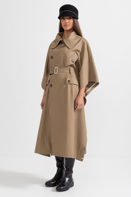 Trench Coat With Cape-Like Sleeve Construction - Khaki