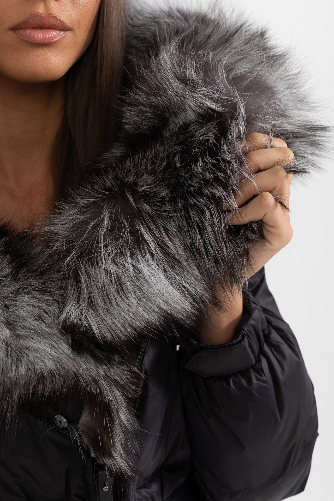 Long Puffer Jacket With Gray Fox Fur-Lined Hood - Black