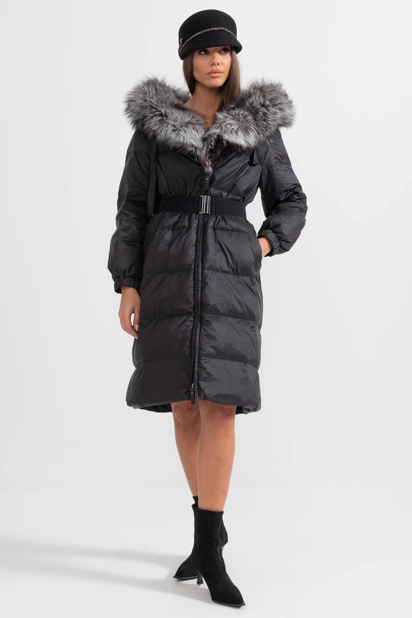 Long Puffer Jacket With Gray Fox Fur-Lined Hood - Black