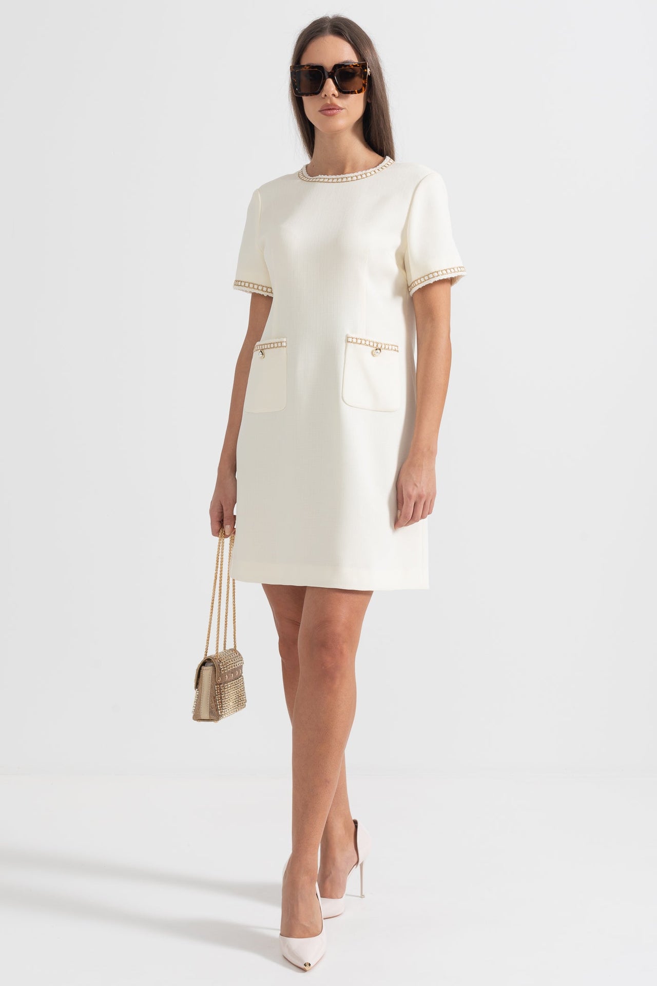 Short Sleeve Dress With Gold Stitching Details - Ivoire