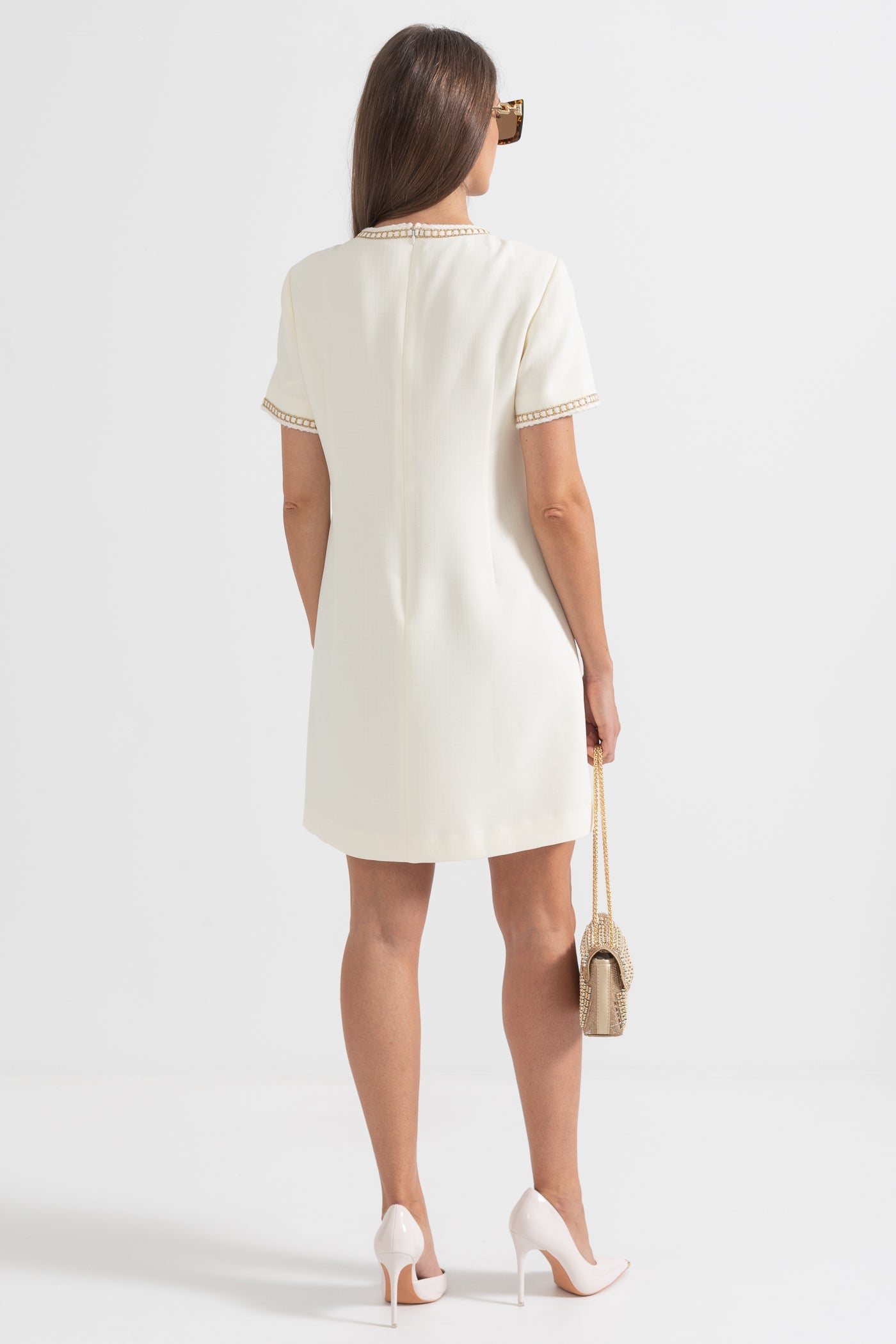 Short Sleeve Dress With Gold Stitching Details - Ivoire