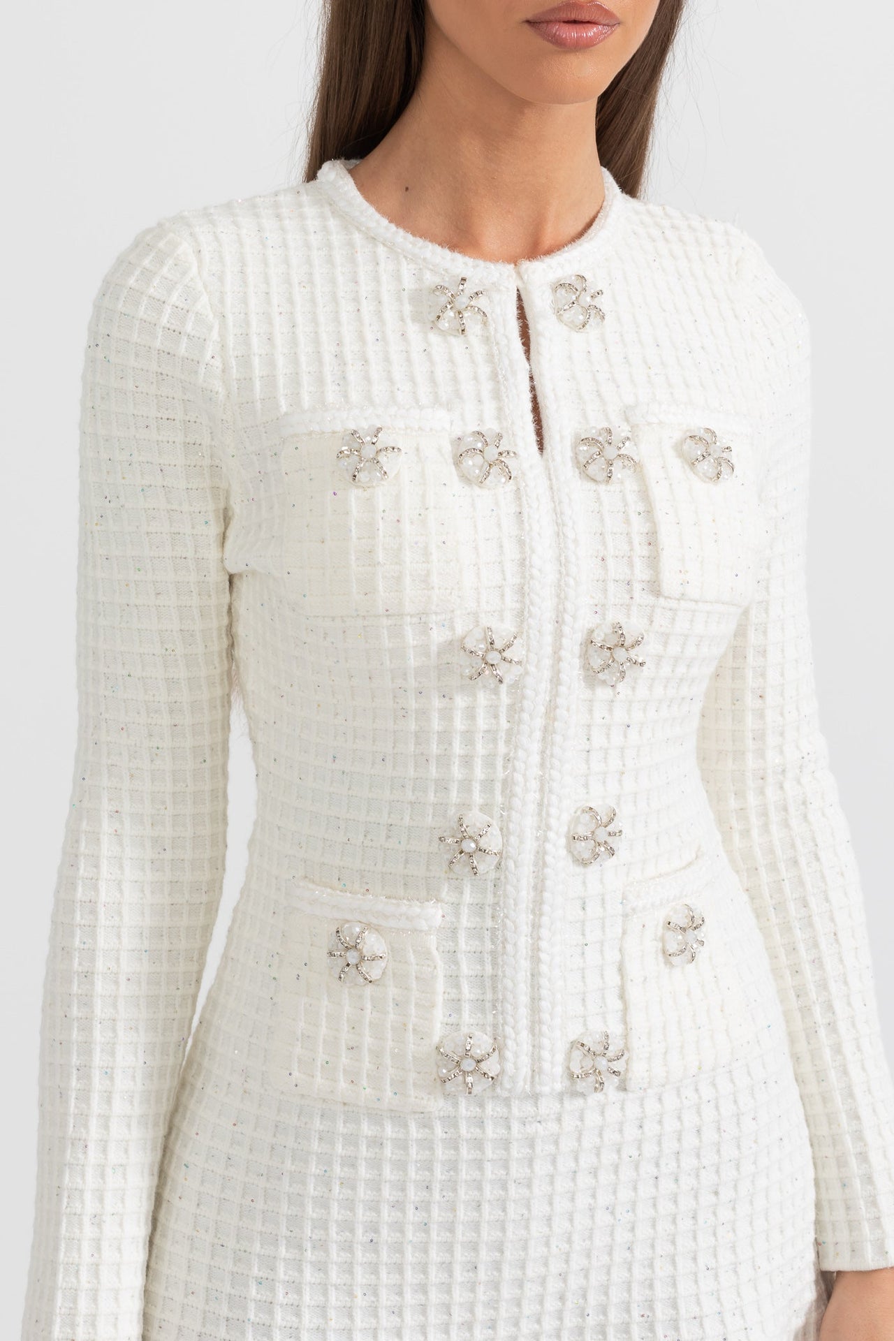 Long Sleeve Knee-Length Knitted Dress - White