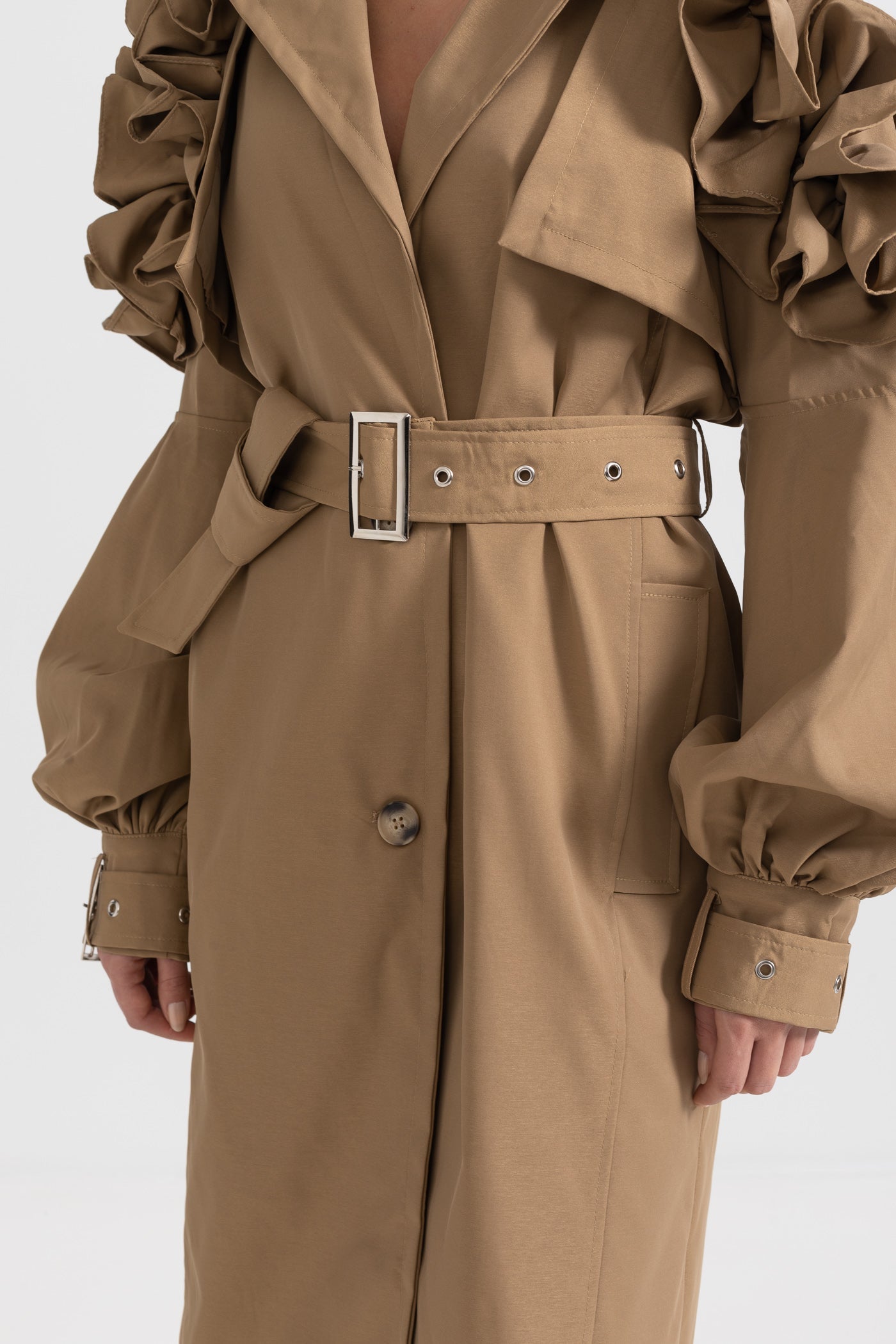 Ruffled Trench Coat - Brown